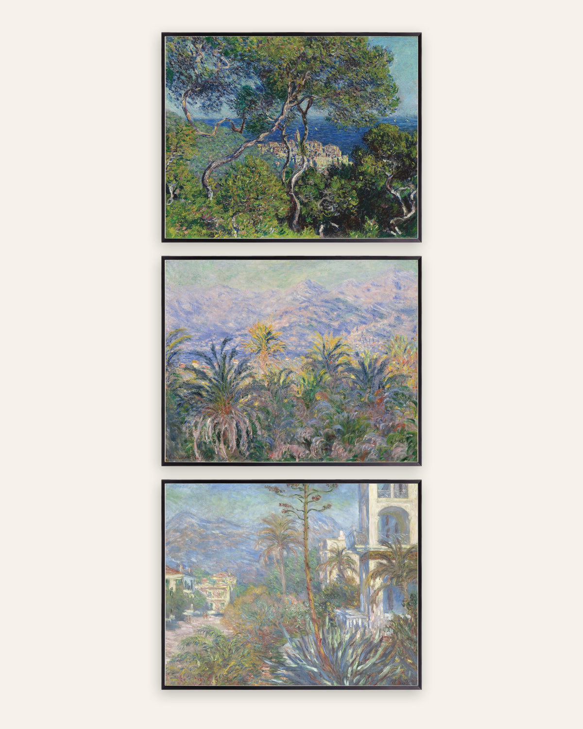 Poster di Monet, set da 3: Bordighera, pini, palme e ville, con cornici in metallo nero