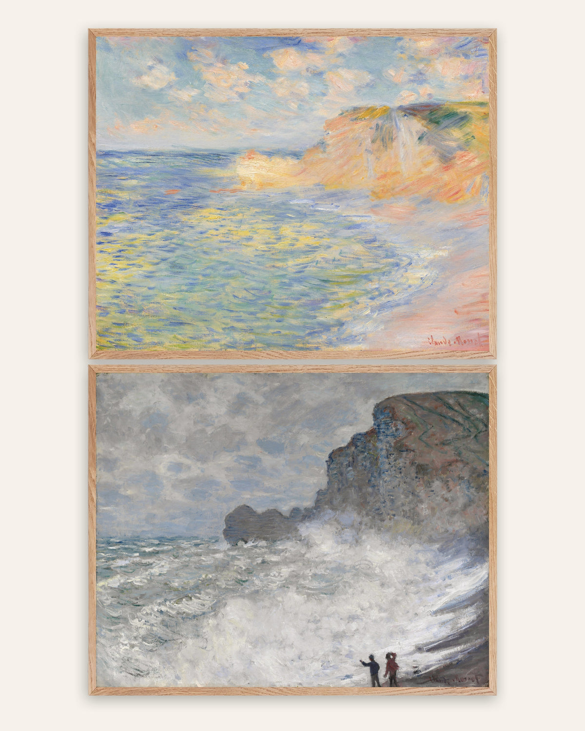 Monet Étretat Poster 2er-Set: Falaise d’Amont und stürmisches Wetter, in Rahmen aus Natureiche