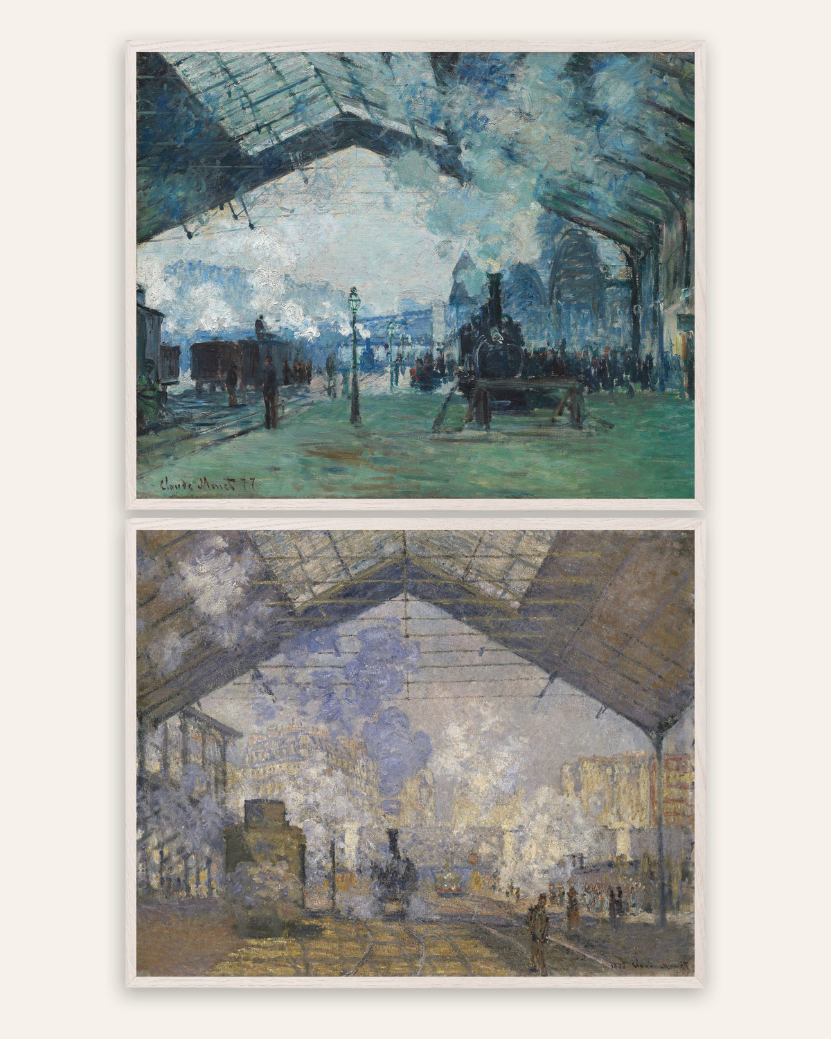Poster di Monet, set da 2: Gare Saint-Lazare, vapore e treni, con cornici in rovere bianco