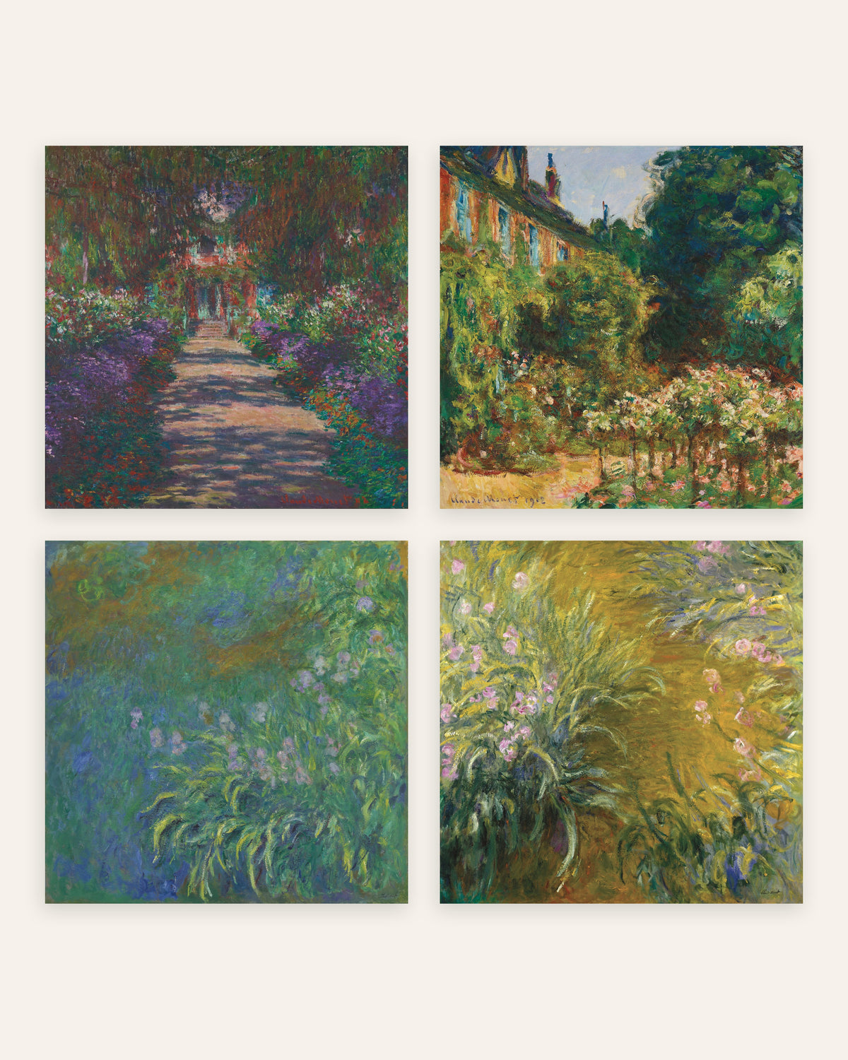 Poster di Monet, set da 4: il giardino di Giverny, viale, casa e iris, senza cornice