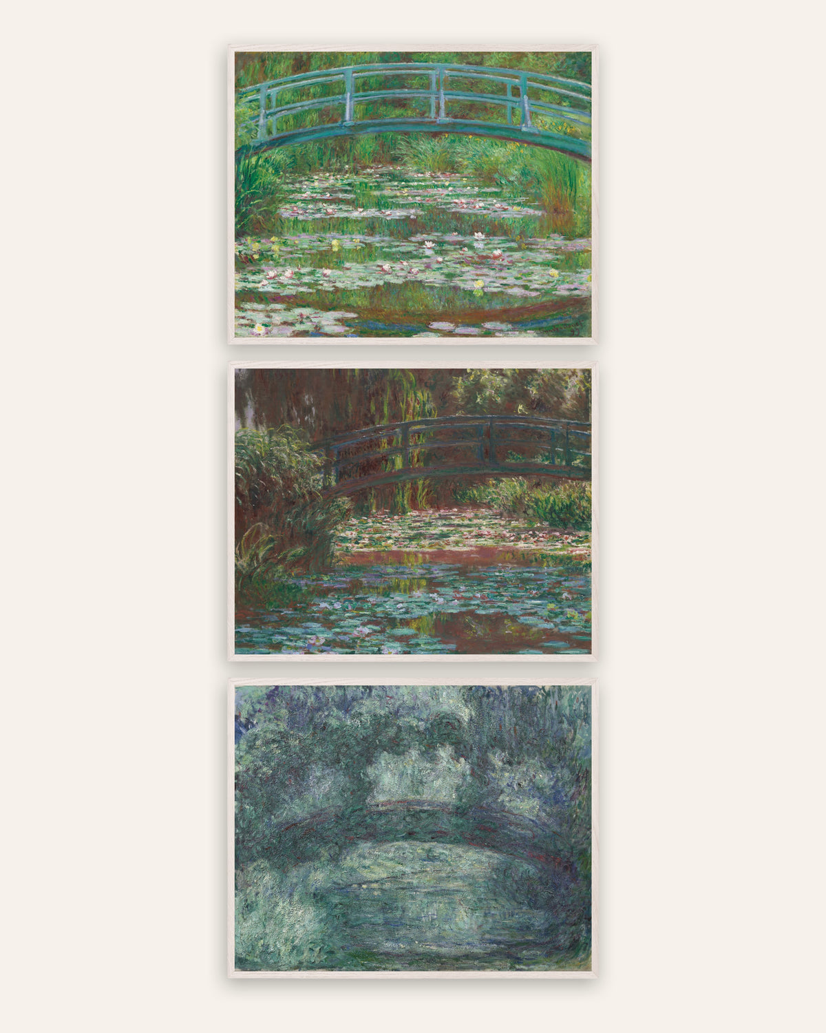 Monet Japanische Brücke Poster 3er-Set: Giverny, 1899 bis 1924, in weißen Eichenrahmen