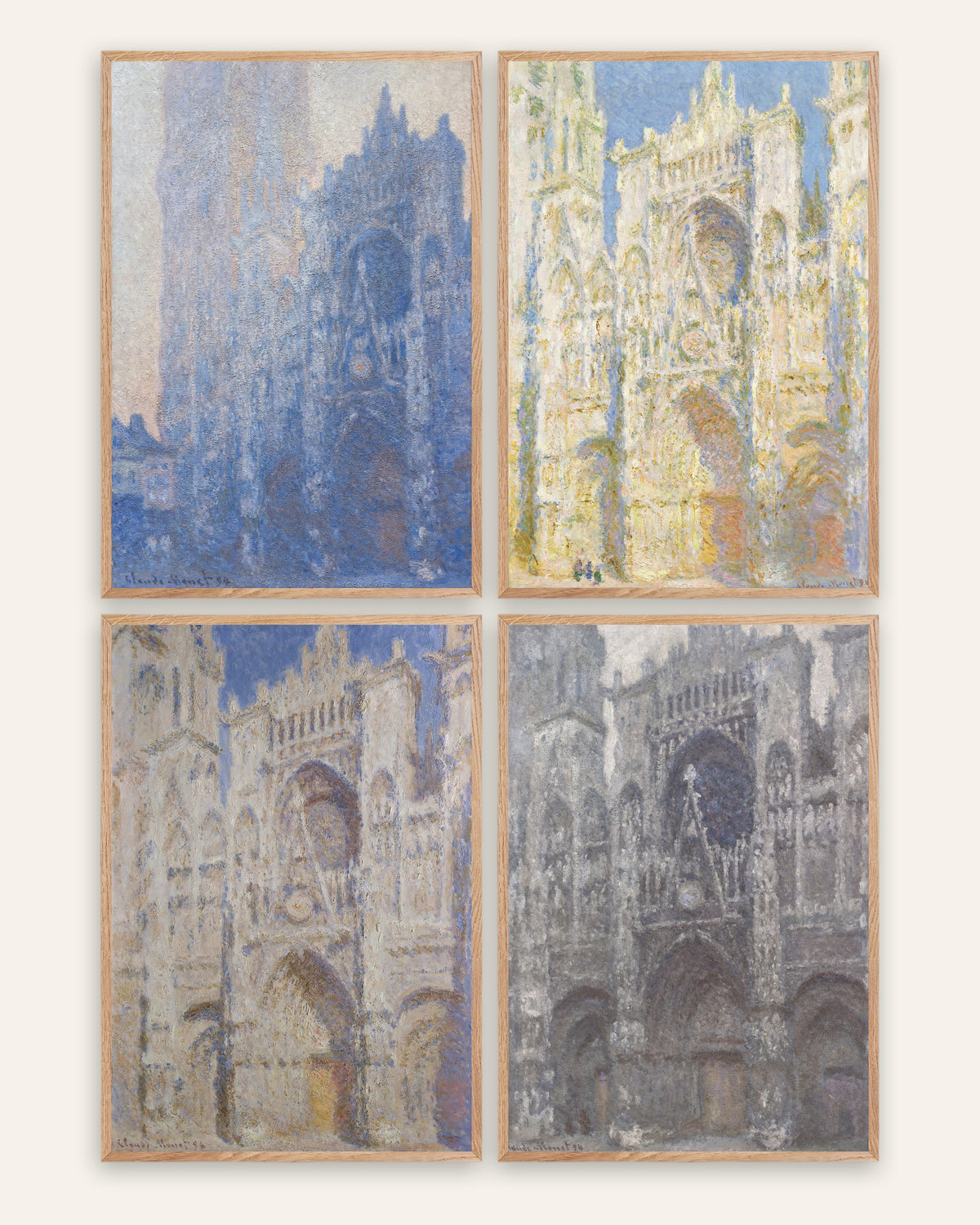 Monet Kathedrale von Rouen Poster 4er-Set: vom Morgen bis zum grauen Wetter, in Rahmen aus Natureiche