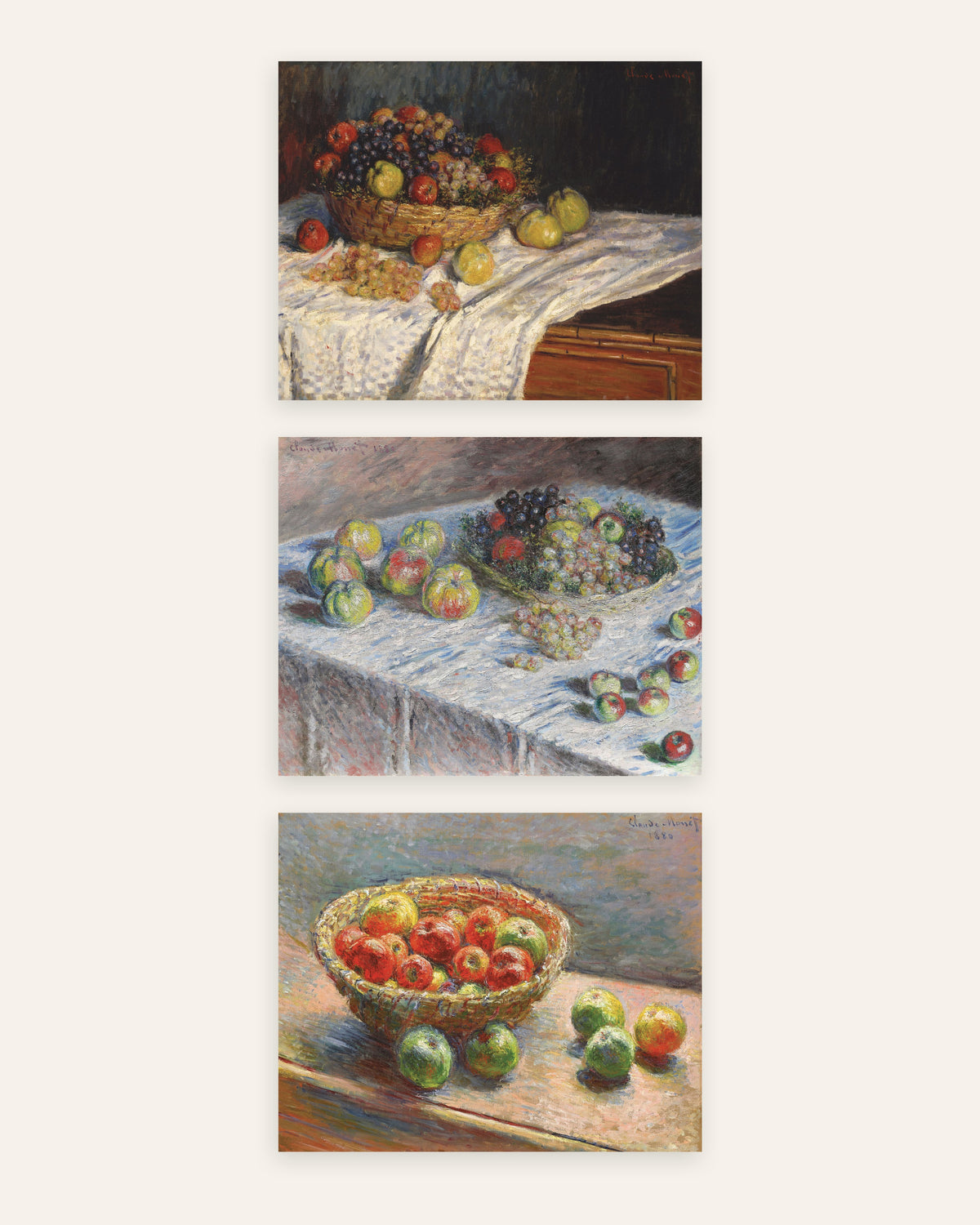 Poster di Monet, set da 3: nature morte, mele, uva e cesto, senza cornice