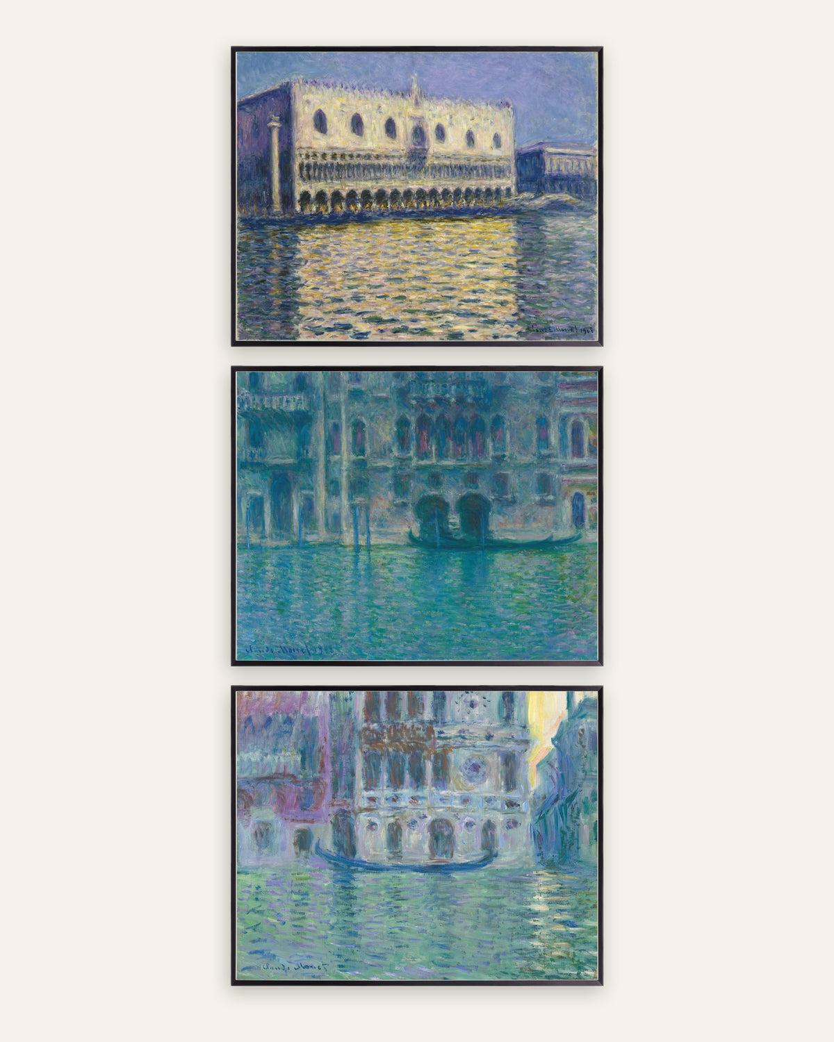 Monet Venedig Poster 3er-Set: Dogenpalast, Palazzo da Mula und Dario, in schwarzen Metallrahmen