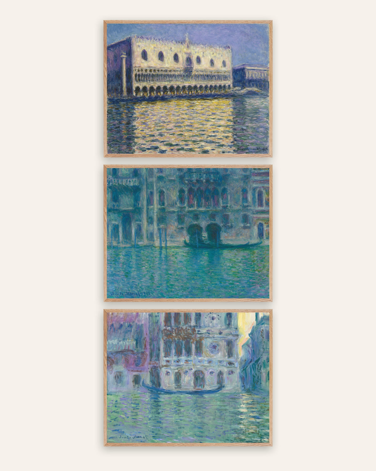 Monet Venedig Poster 3er-Set: Dogenpalast, Palazzo da Mula und Dario, in Rahmen aus Natureiche