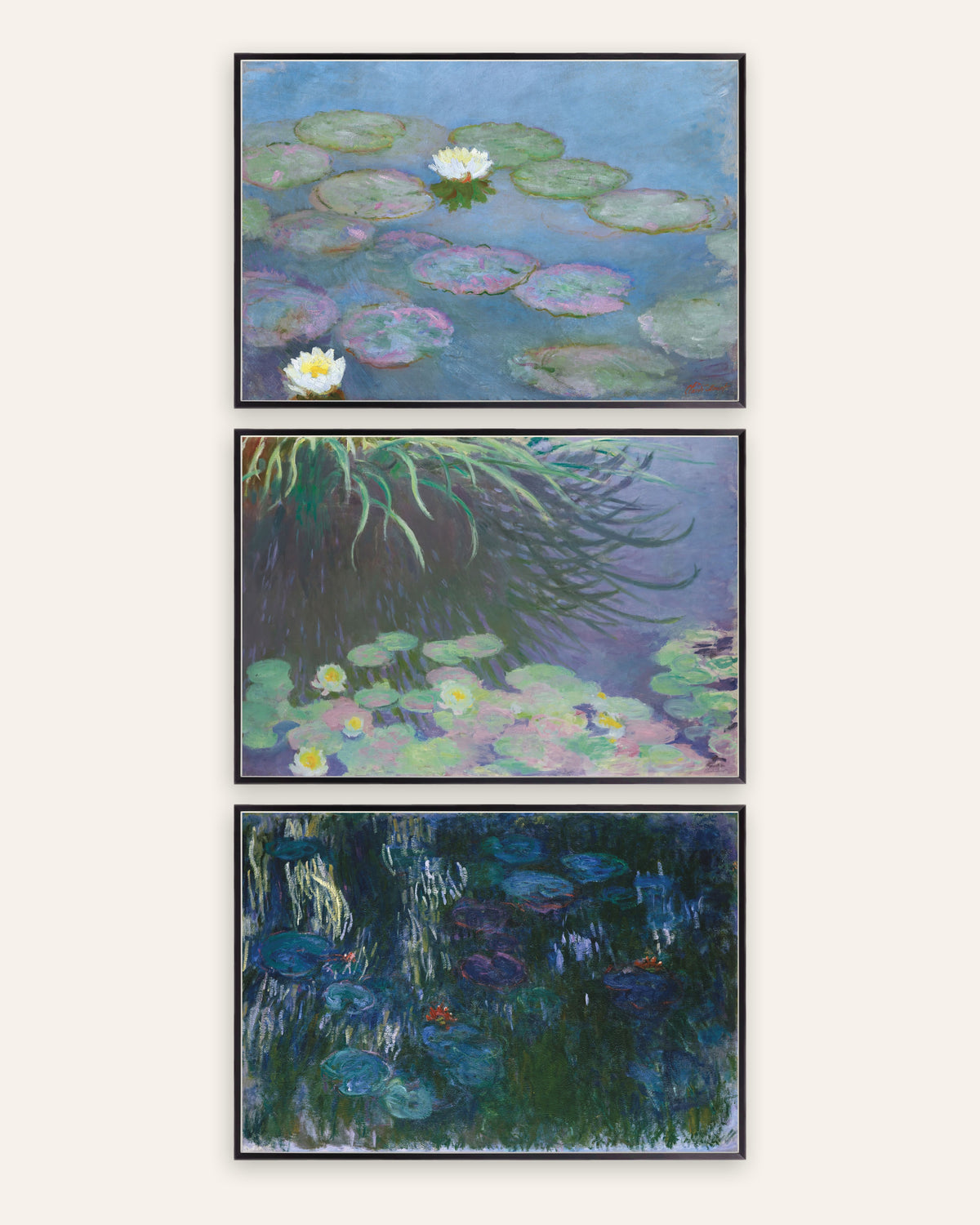 Monet Seerosen Poster 3er-Set: frühe und späte Panoramen, in schwarzen Metallrahmen