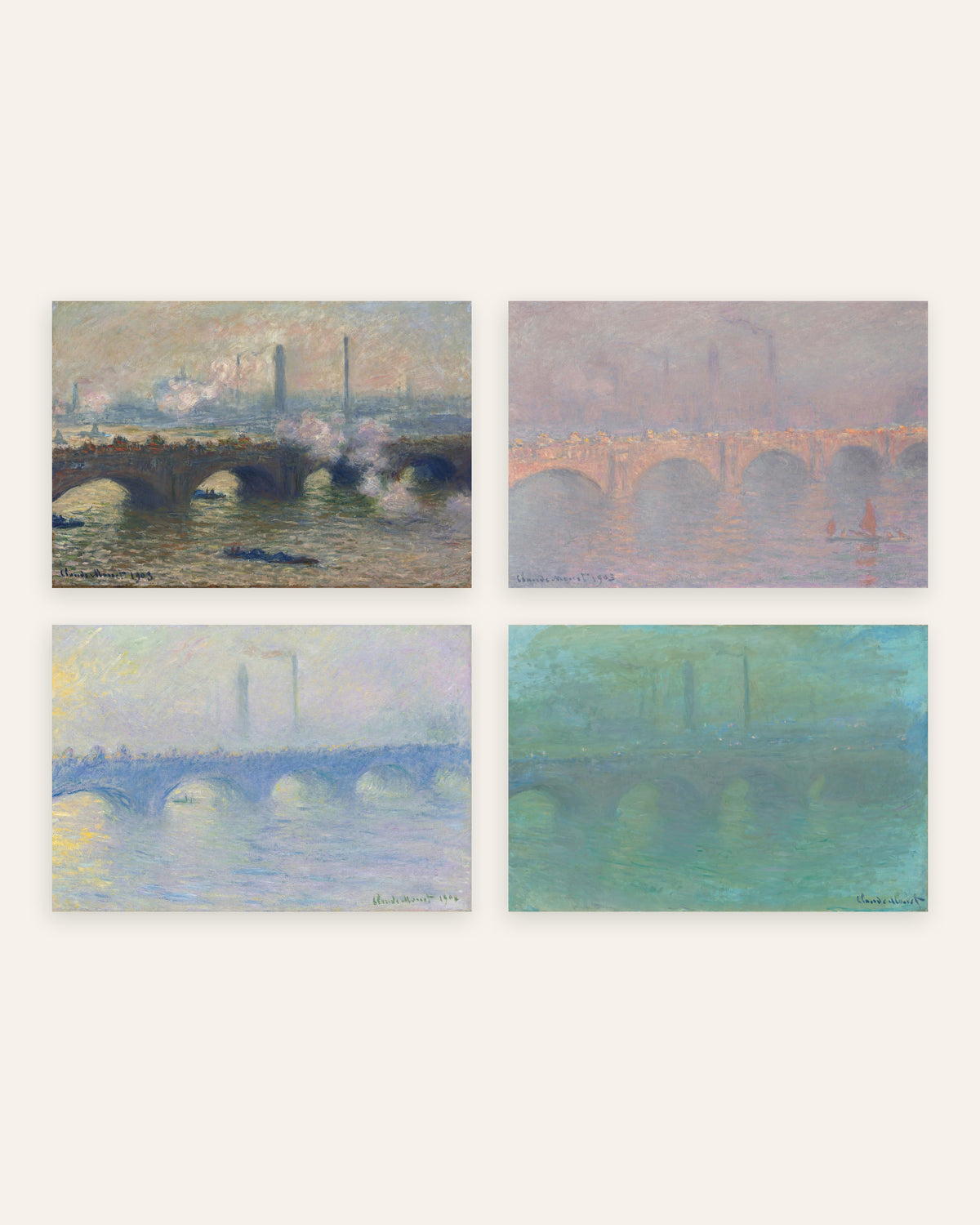 Monet Waterloo Bridge Poster 4er-Set: grauer Tag, Sonne, Nebel und Dämmerung, ohne Rahmen