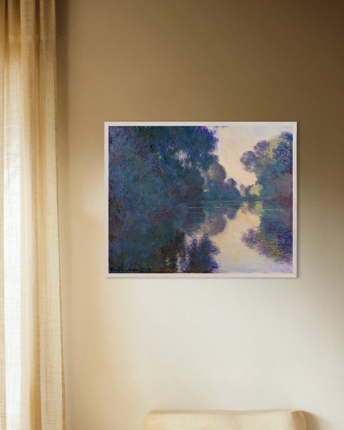 Affiche Matinée sur la Seine près de Giverny (1897) de Claude Monet, avec un cadre en bois blanc