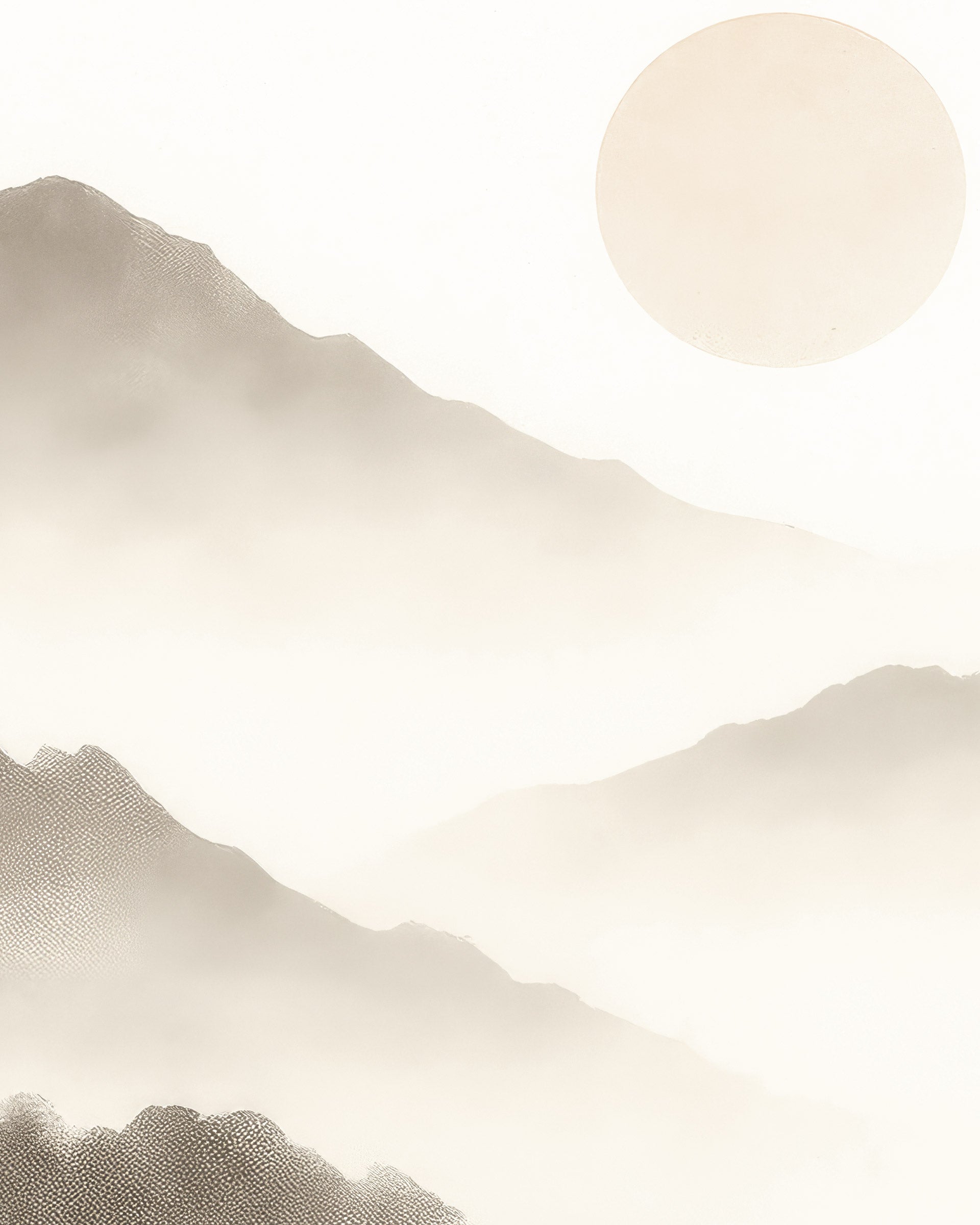 Minimalist landscape art print featuring layered, misty mountains in soft beige and gray tones under a large, pale sun in the upper right.