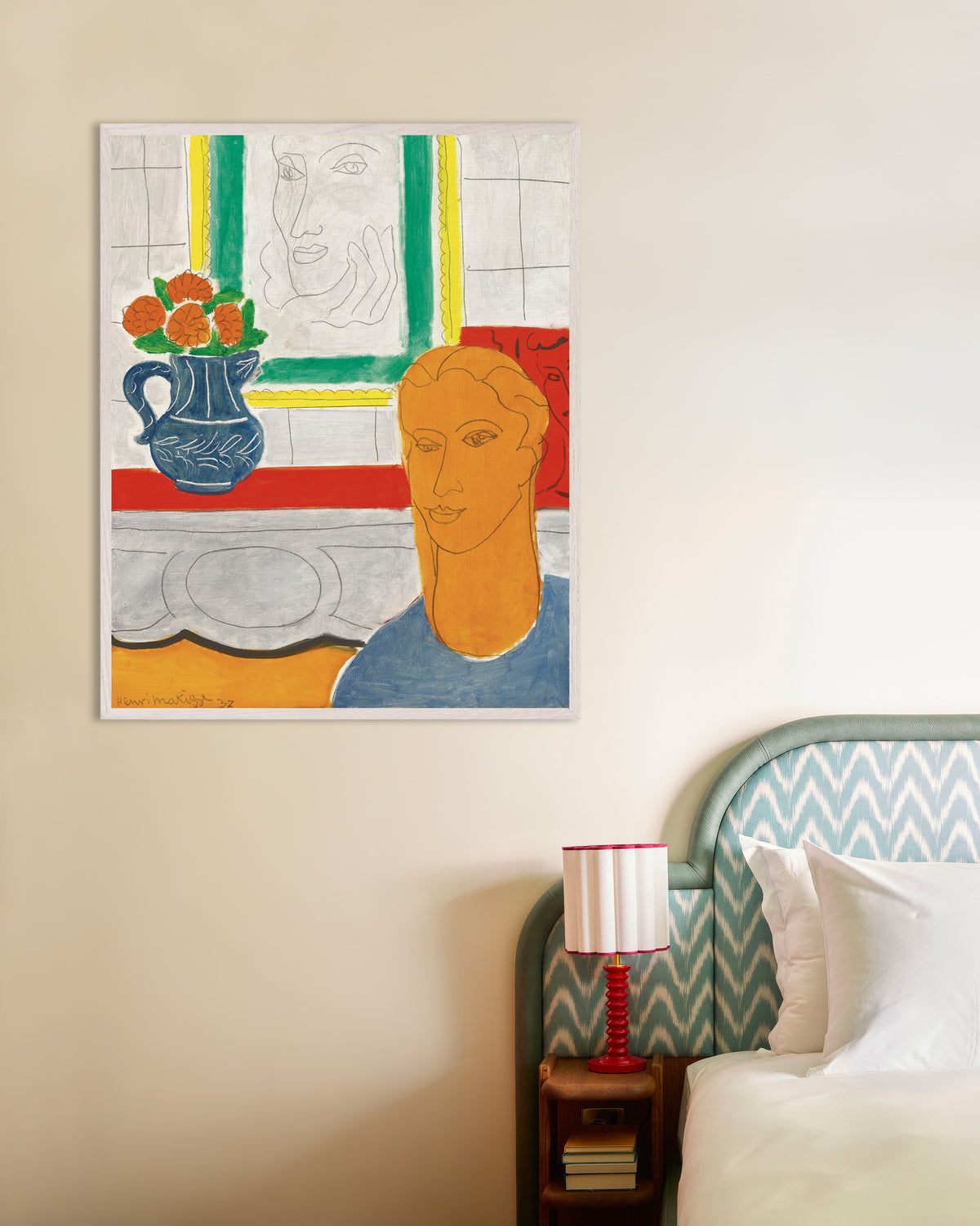 Poster de Tête ocre (Figure et bouquet) (1937) de Henri Matisse, avec cadre en bois blanc
