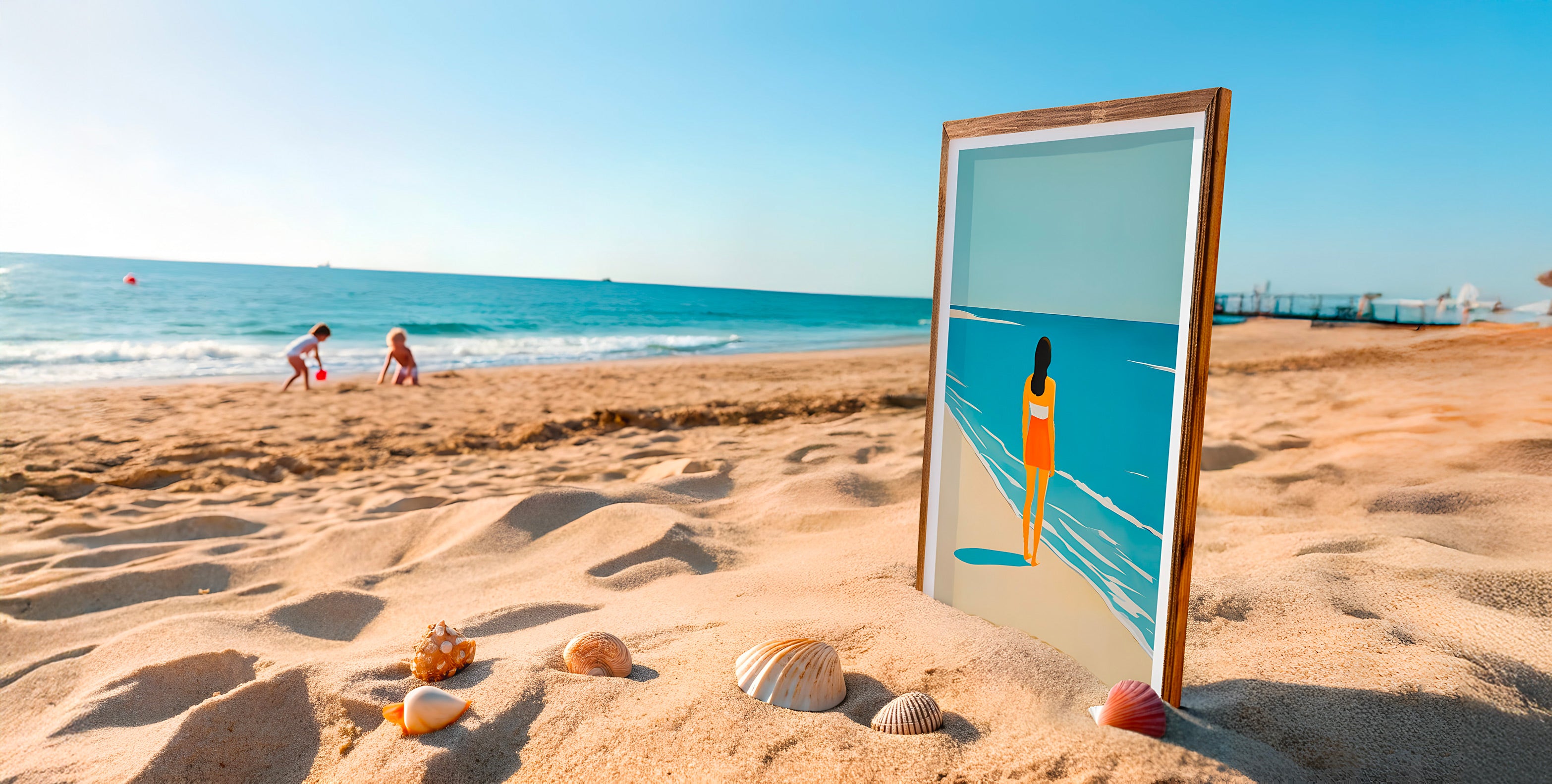 Framed photograph of a beach scene with people on a sandy beach.
