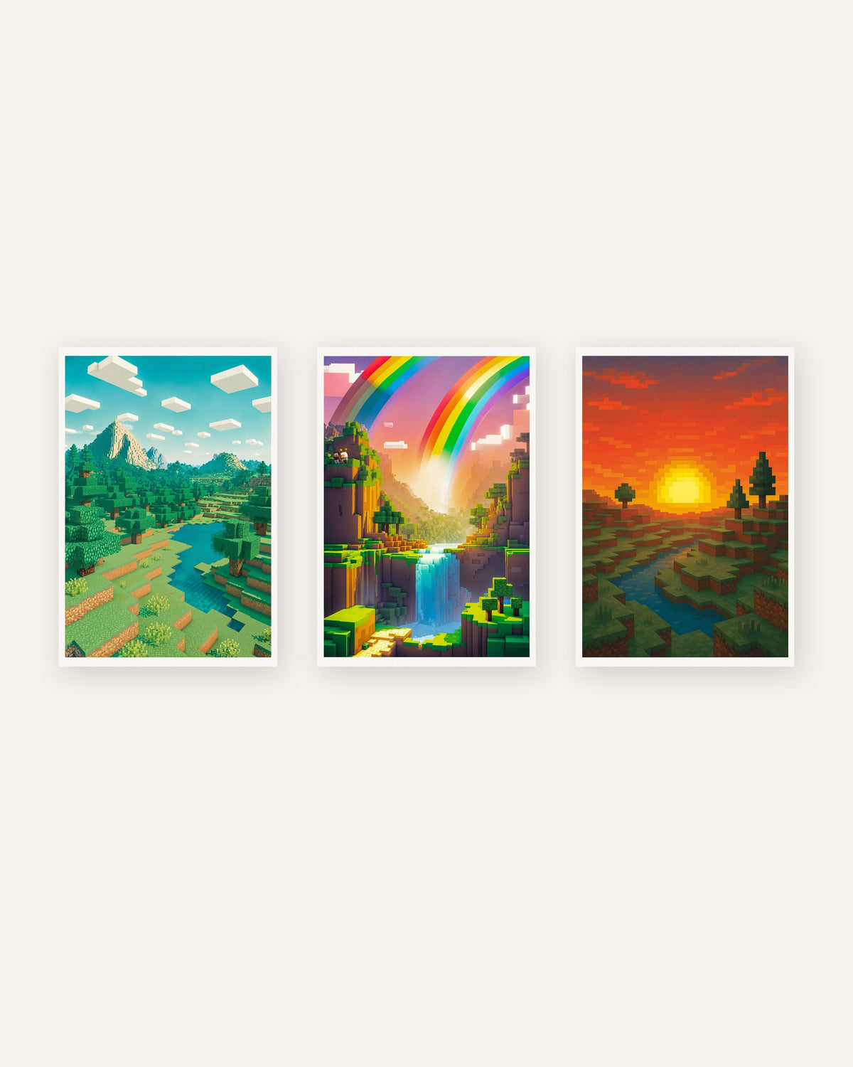Affiches pixel art paysages, lot de 3 : montagne, vallée arc-en-ciel et coucher de soleil, sans cadre
