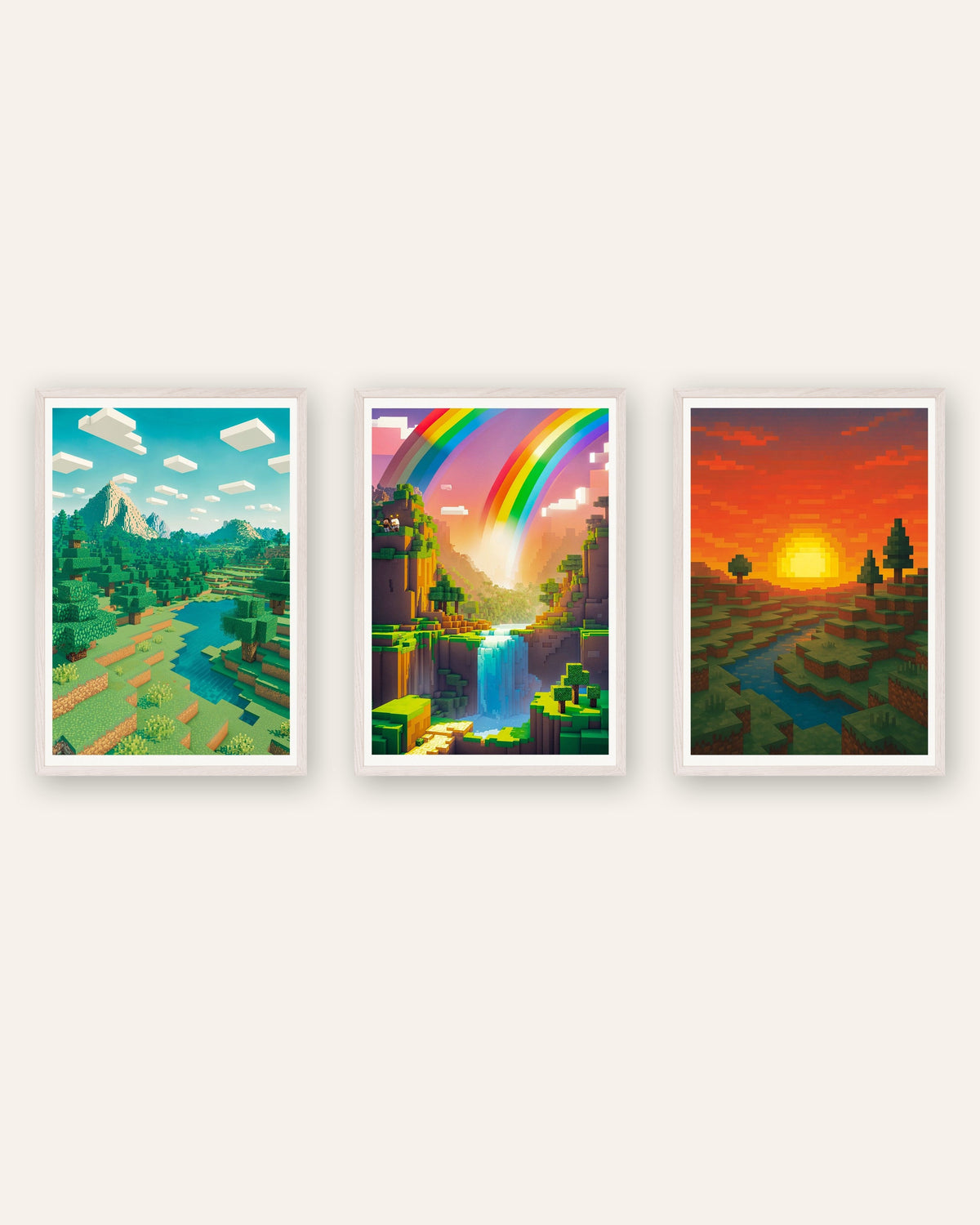 Affiches pixel art paysages, lot de 3 : montagne, vallée arc-en-ciel et coucher de soleil, cadres en chêne blanc