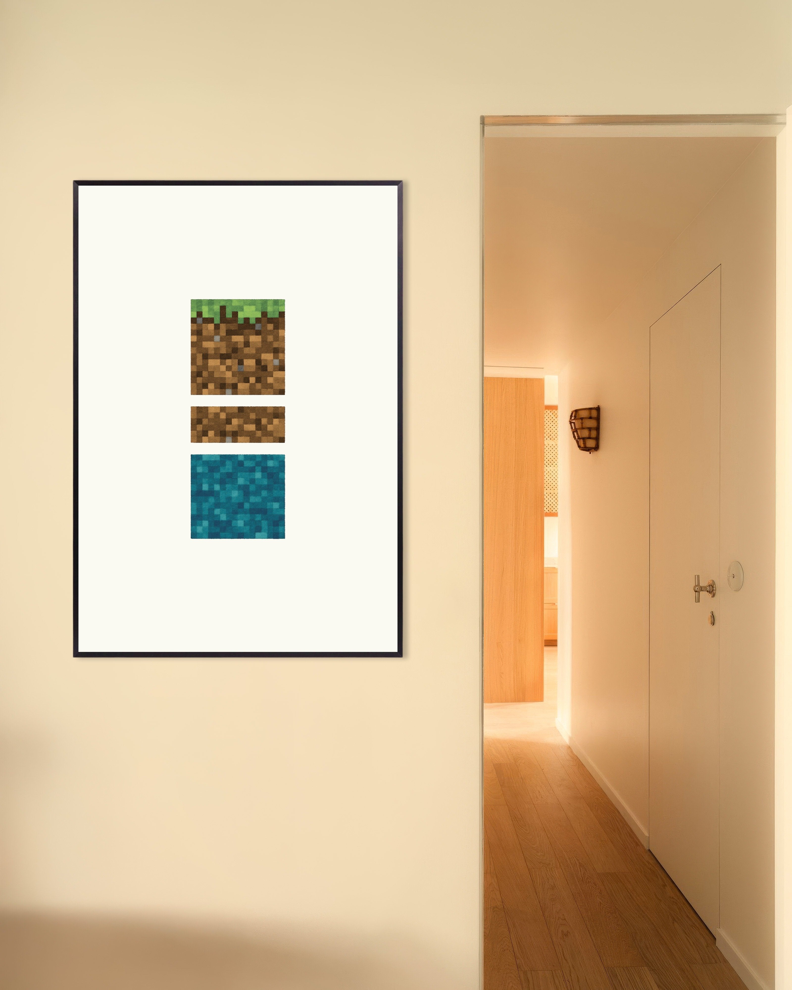 Poster of Pixel Blocks Trio – Grass, Dirt and Water Poster, with metal frame