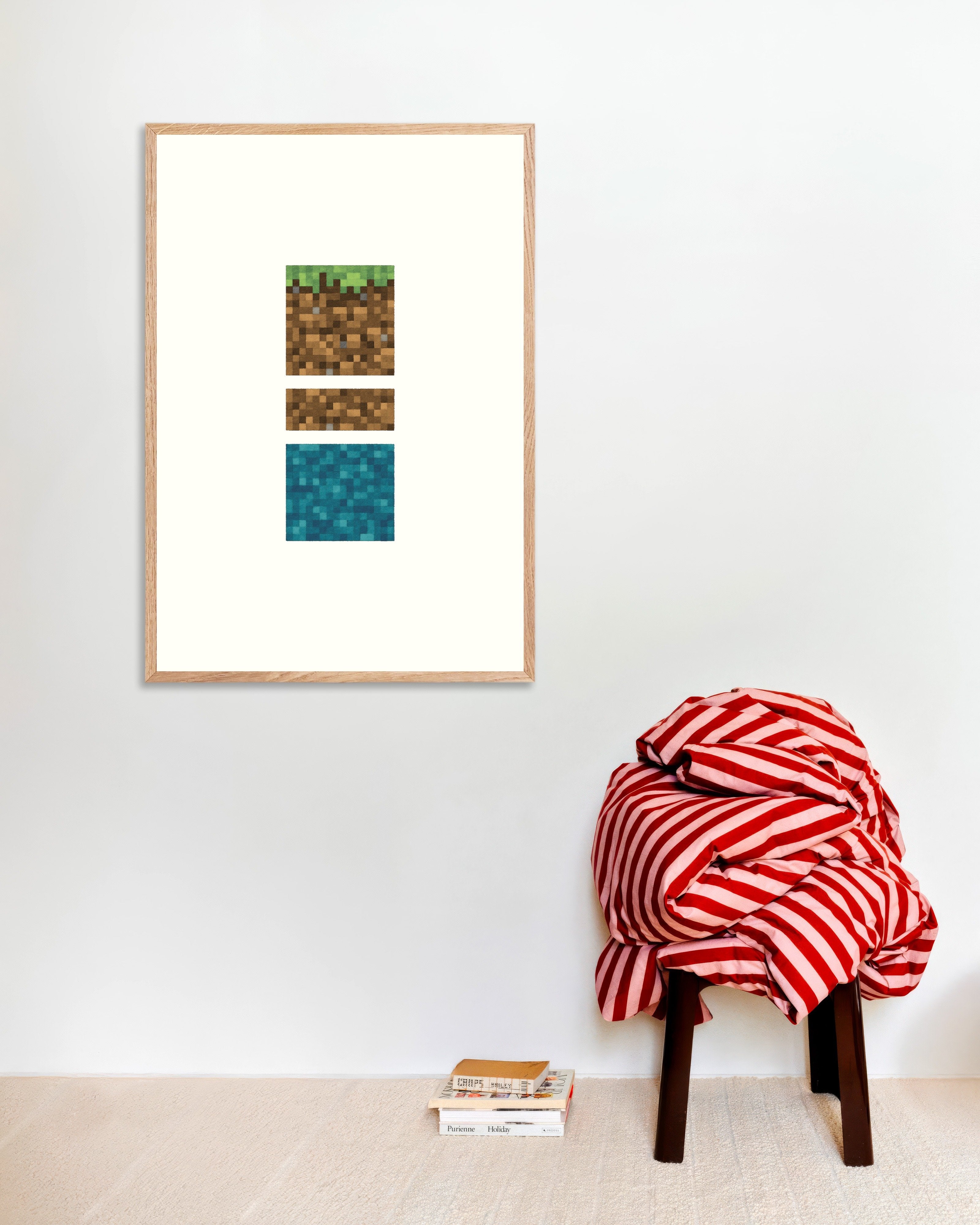 Poster of Pixel Blocks Trio – Grass, Dirt and Water Poster, with natural wooden frame