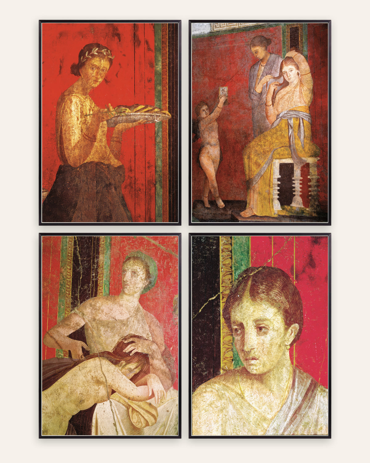 Poster affreschi di Pompei, set da 4: Villa dei Misteri, con cornici in metallo nero