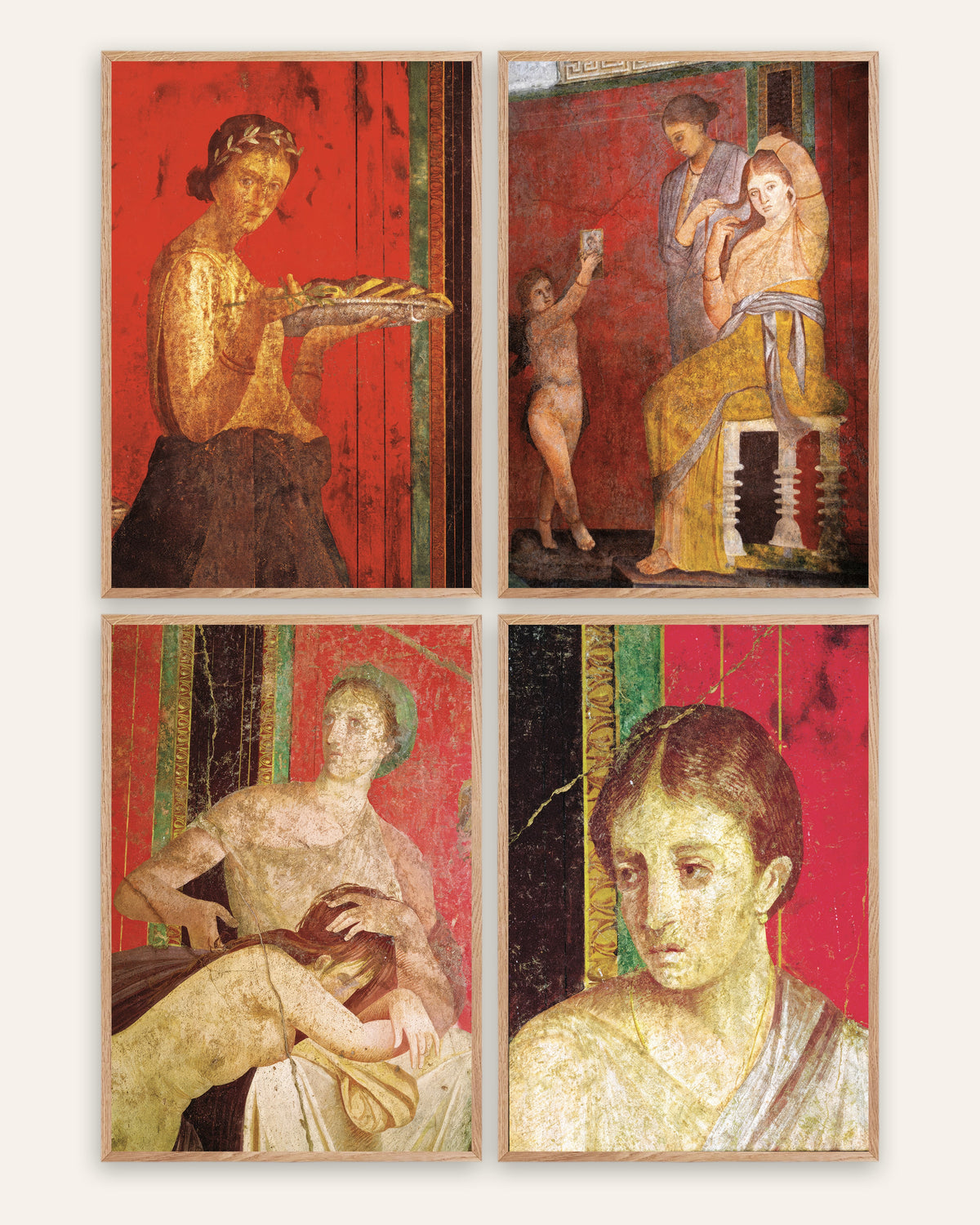 Poster affreschi di Pompei, set da 4: Villa dei Misteri, con cornici in rovere naturale