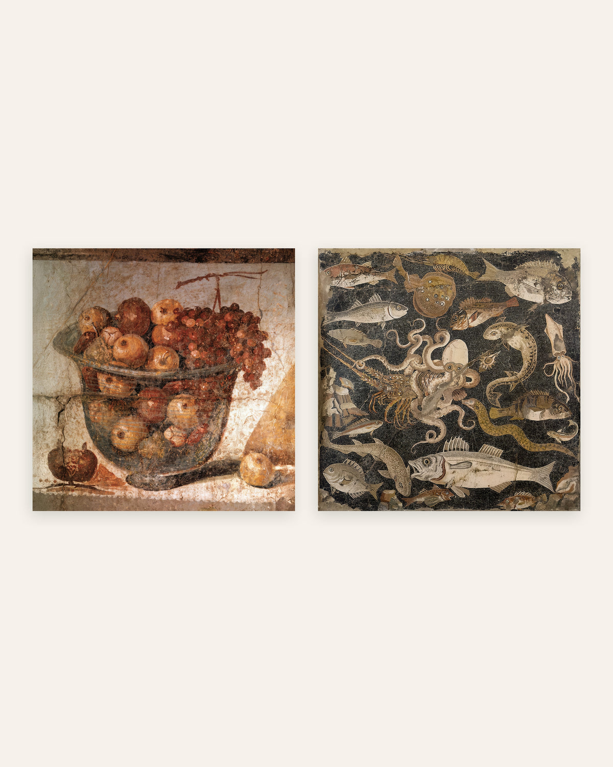 Poster cucina di Pompei, set da 2: coppa di frutta e mosaico dei pesci, senza cornice