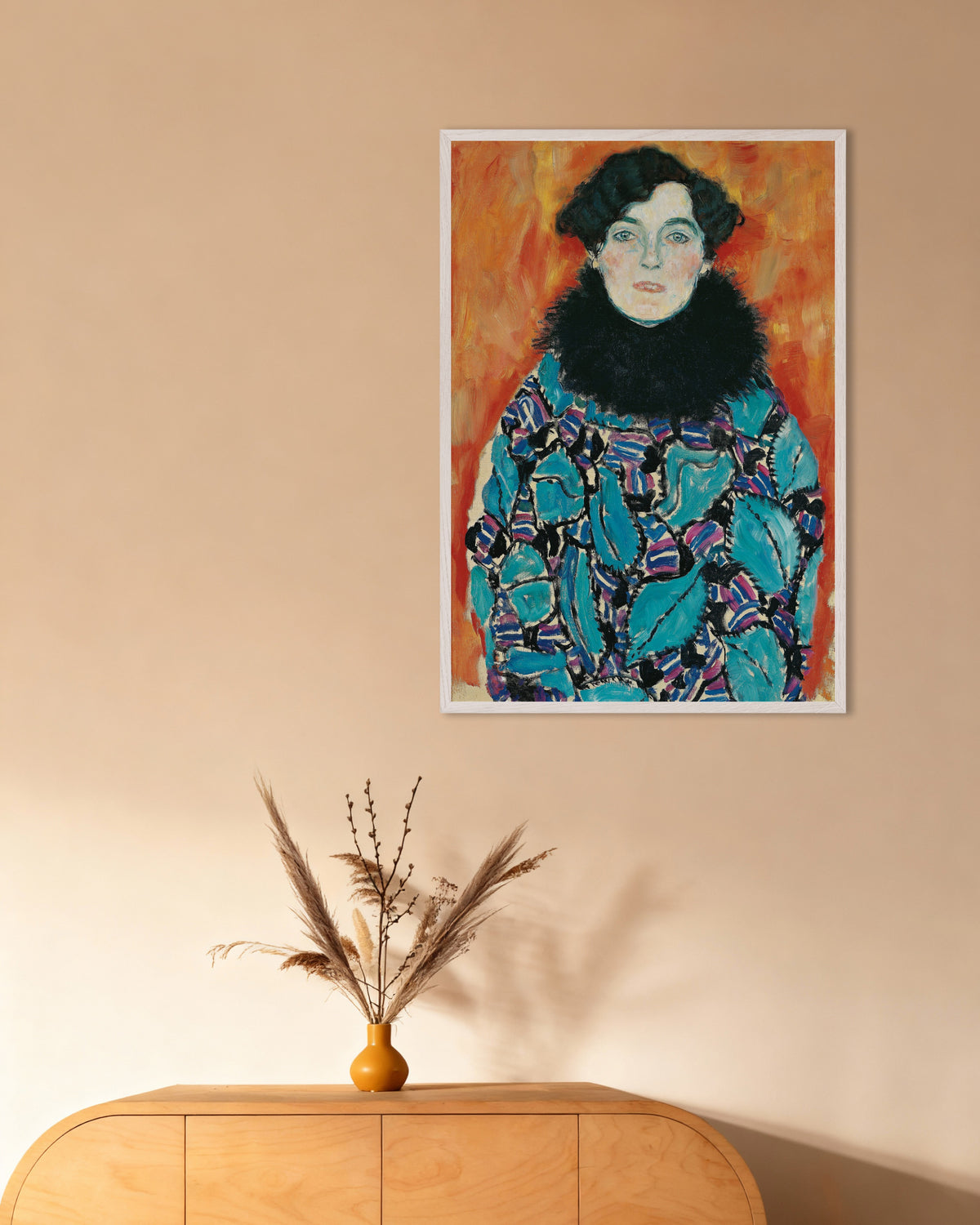 Poster Bildnis Johanna Staude (1917) von Gustav Klimt mit weißem Holzrahmen