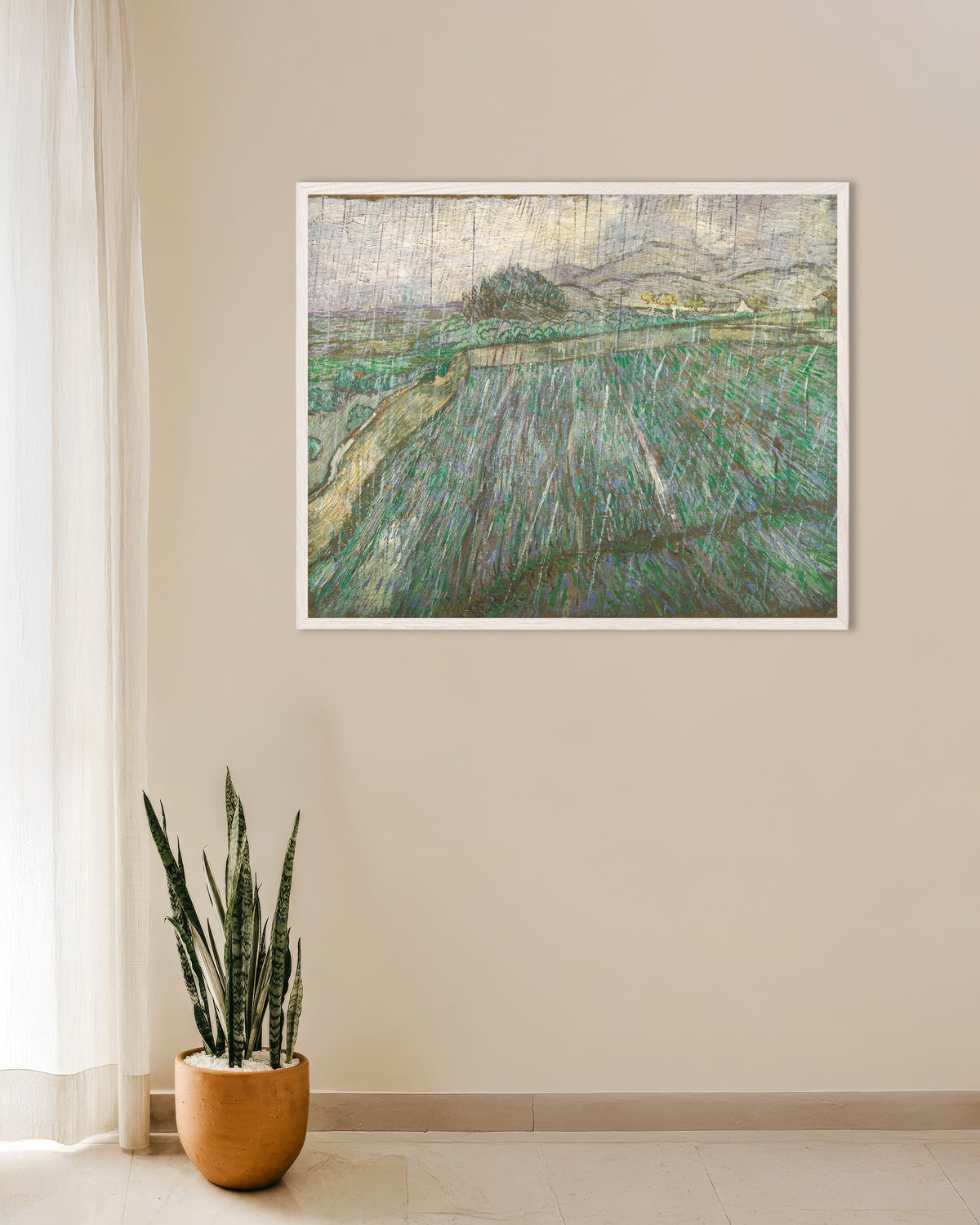 Poster di Pioggia (1889) di Vincent van Gogh, con cornice in legno bianco