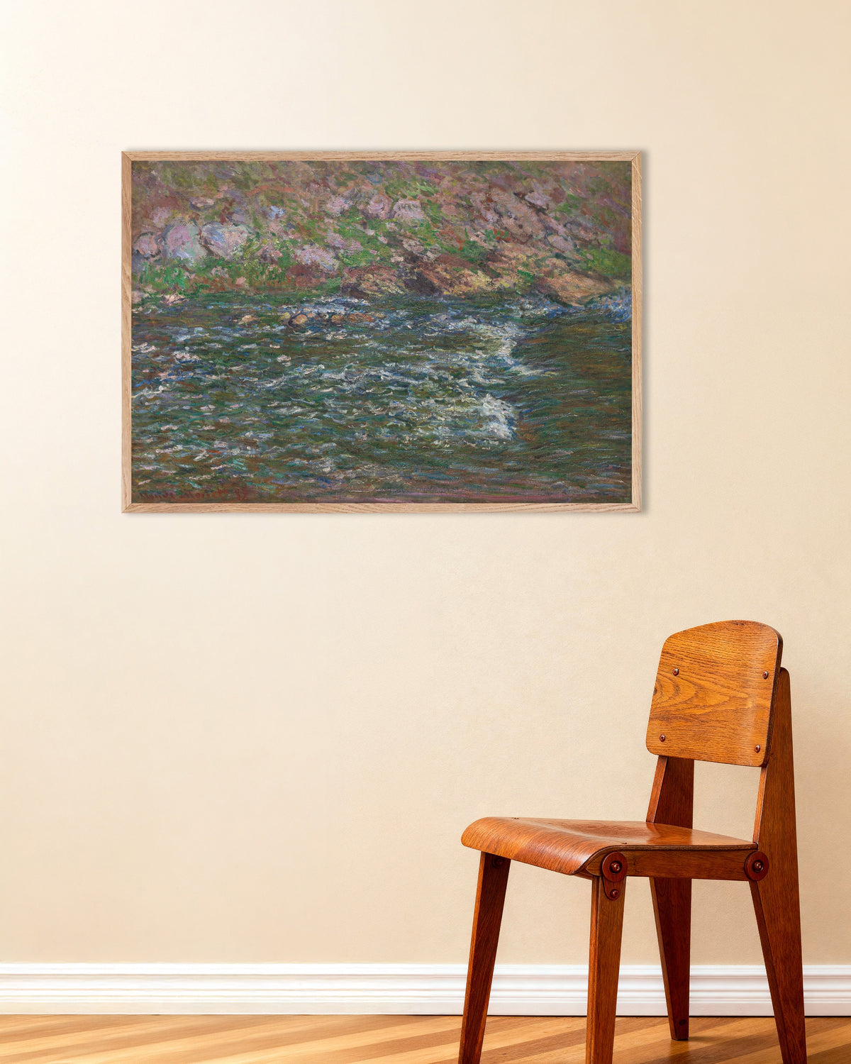 Poster Rapide sulla Petite Creuse a Fresselines (1889) di Claude Monet con cornice in legno naturale