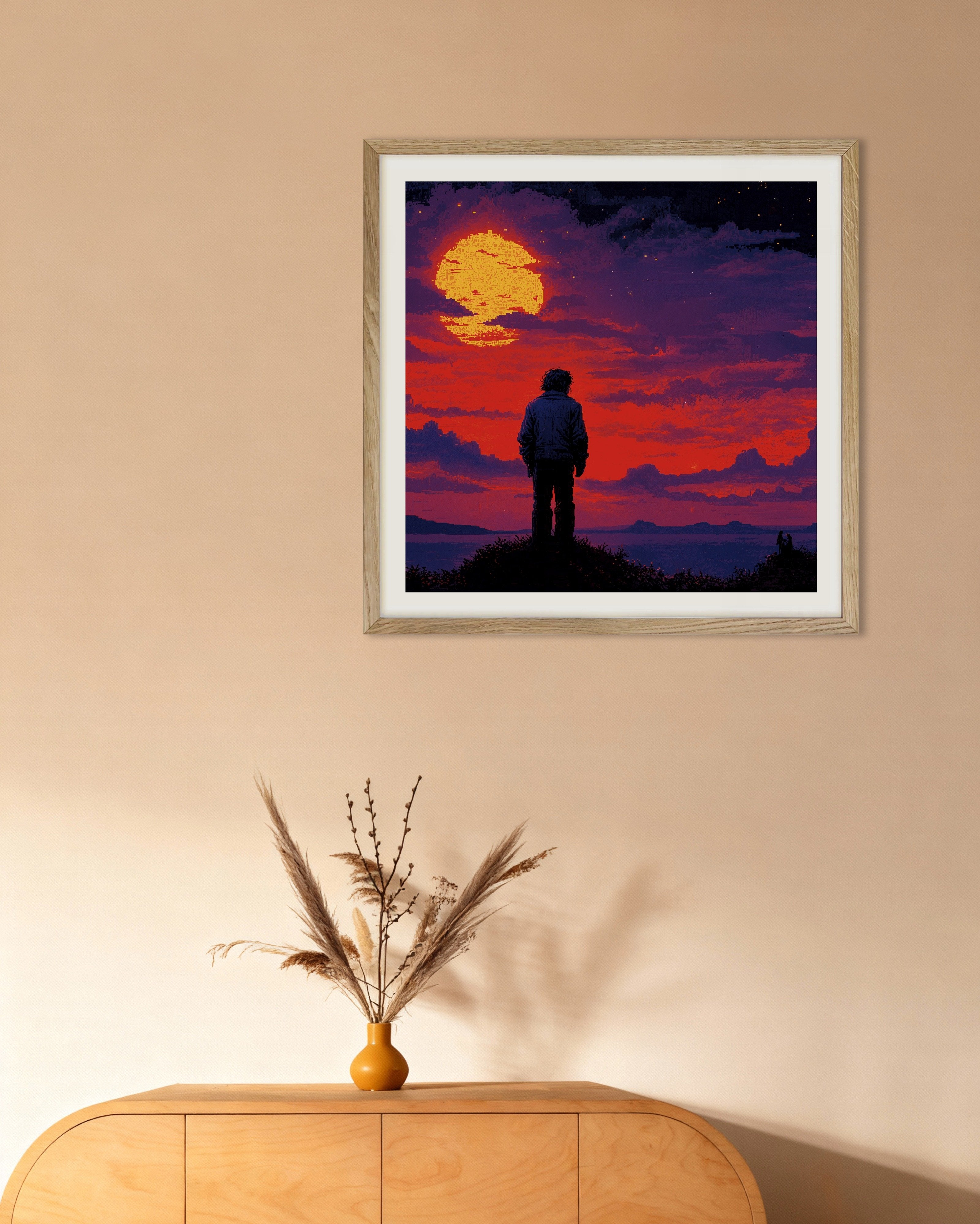 Poster of Retro video game, mystical sunset - Poster, with natural wooden frame