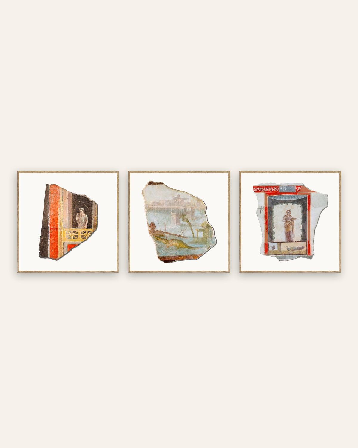 Poster frammenti di affreschi romani, set da 3: balcone, Nilo e pavone, con cornici in rovere naturale