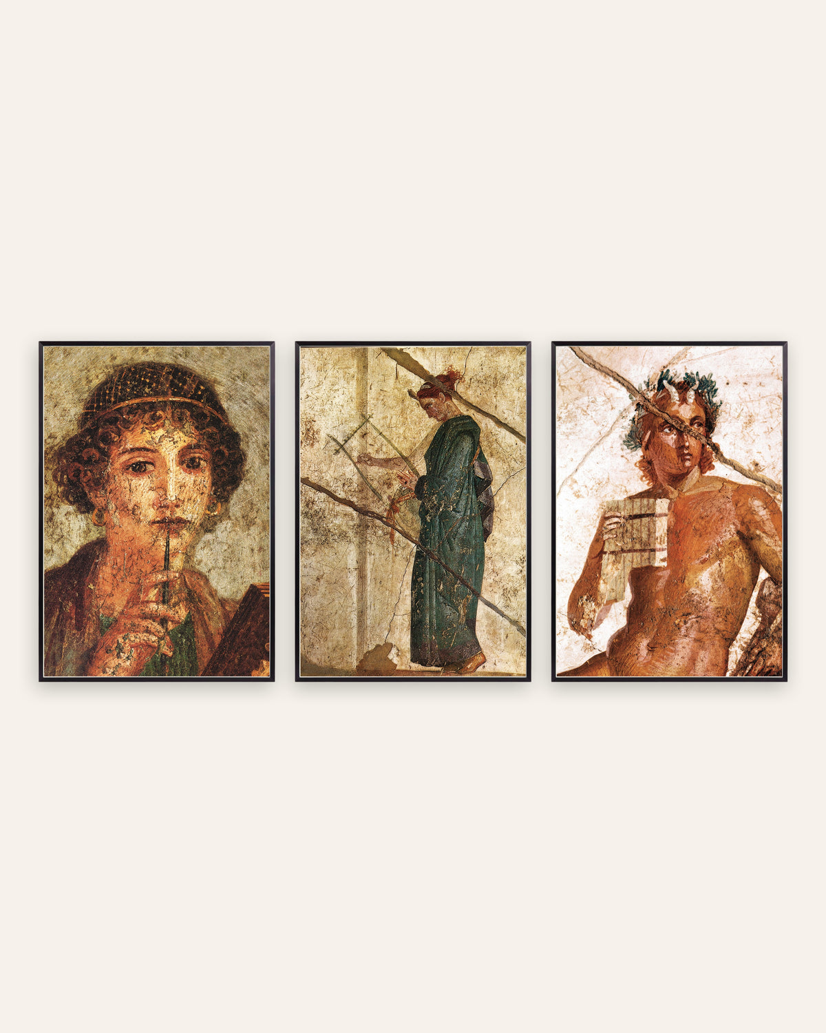 Poster affreschi romani, set da 3: poesia e musica, Saffo, lira e Pan, con cornici in metallo nero