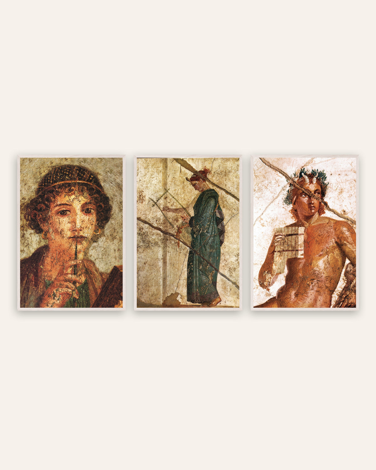 Poster affreschi romani, set da 3: poesia e musica, Saffo, lira e Pan, con cornici in rovere bianco