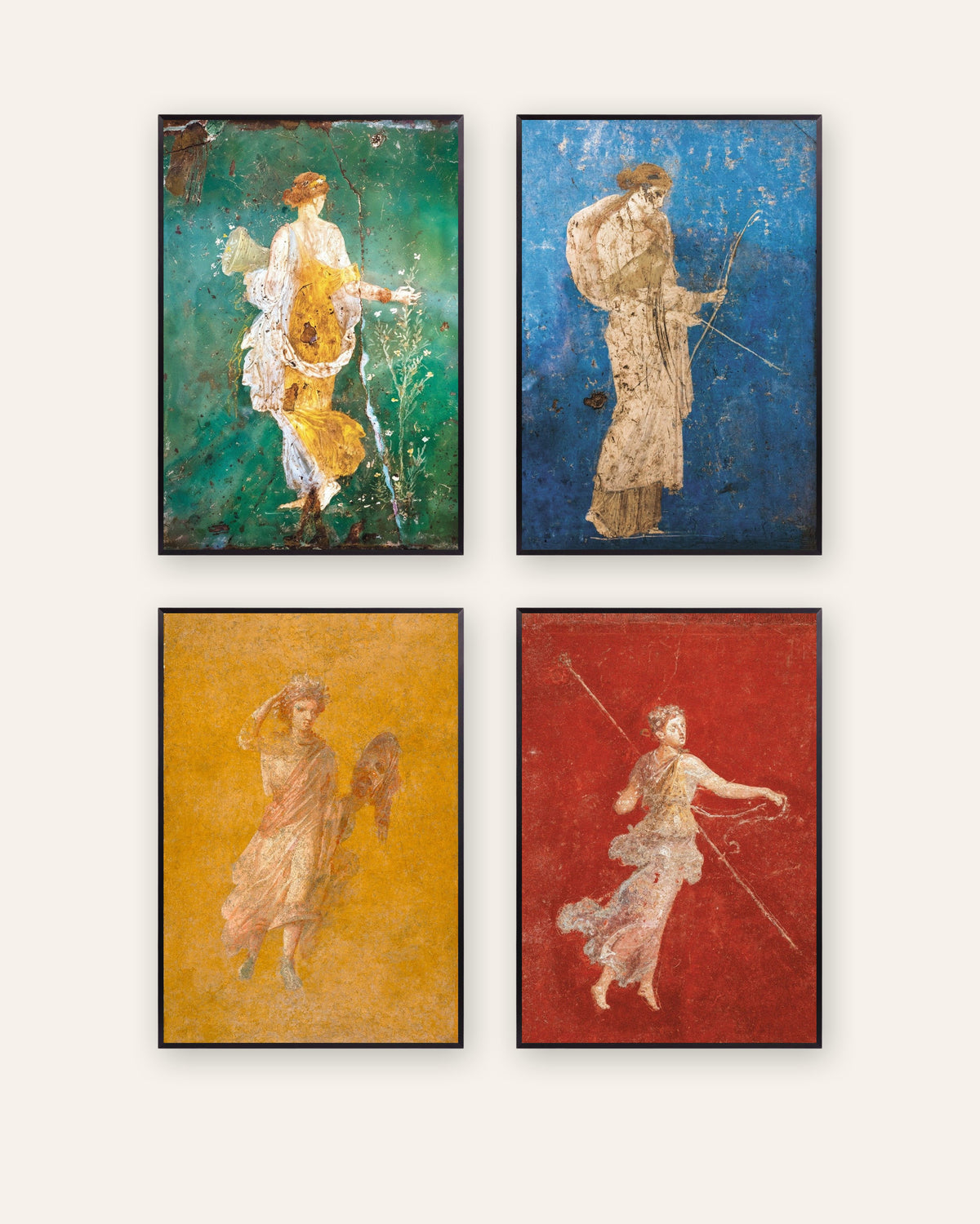 Lot de 4 affiches de fresques romaines, Flora, Artémis, Melpomène et Ménade, cadres en métal noir