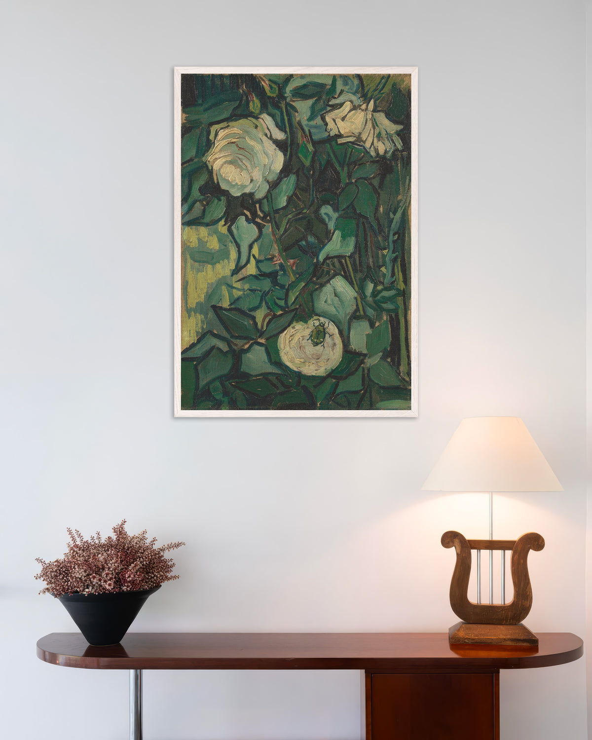 Poster Rosenstrauch mit Käfer (1889) von Vincent van Gogh mit weißem Holzrahmen