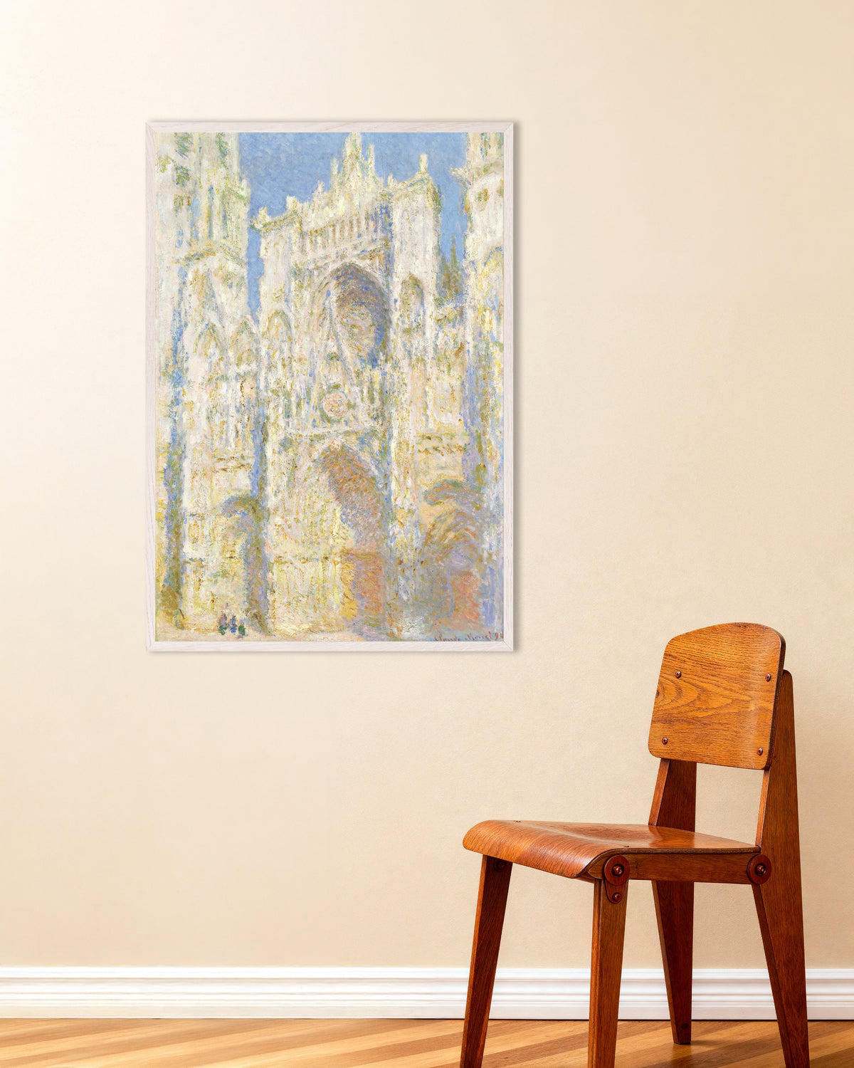 Affiche La Cathédrale de Rouen, façade ouest, plein soleil (1894) de Claude Monet, avec un cadre en bois blanc