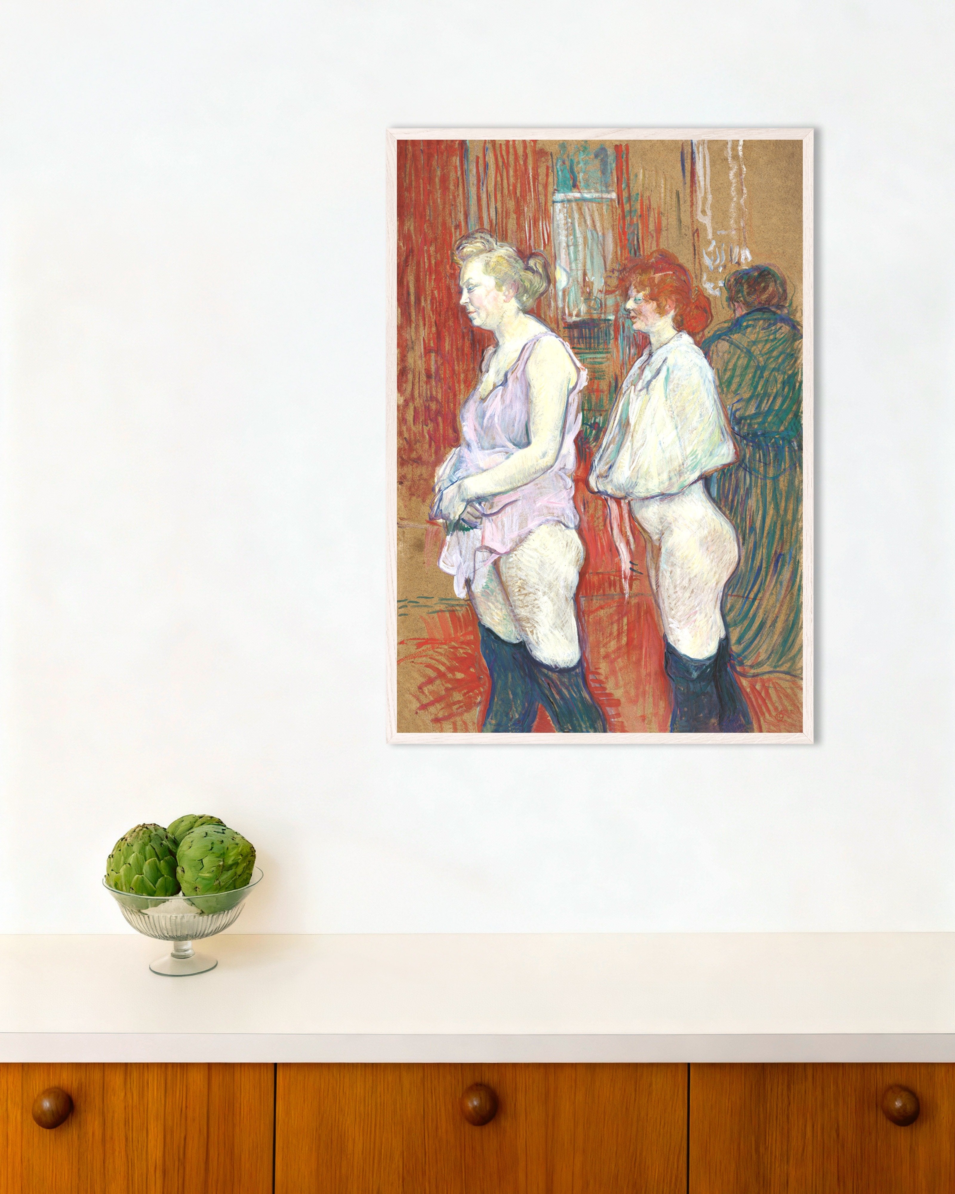 Poster of Rue des Moulins (1894) by Henri de Toulouse-Lautrec, with white wooden frame