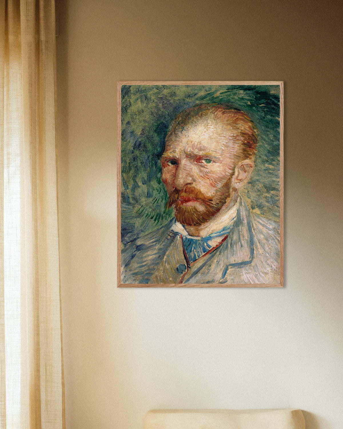 Poster de Autoportrait sur fond vert (1886) de Vincent van Gogh, avec un cadre en bois naturel