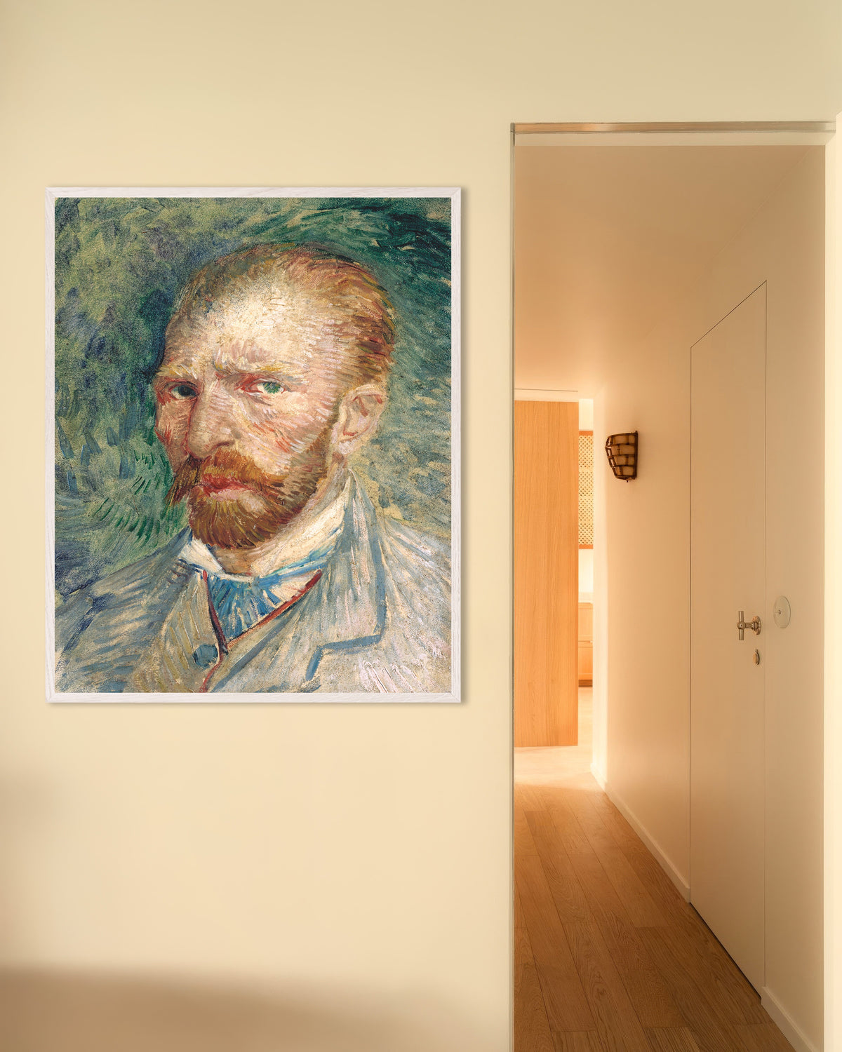 Poster de Autoportrait sur fond vert (1886) de Vincent van Gogh, avec un cadre en bois blanc