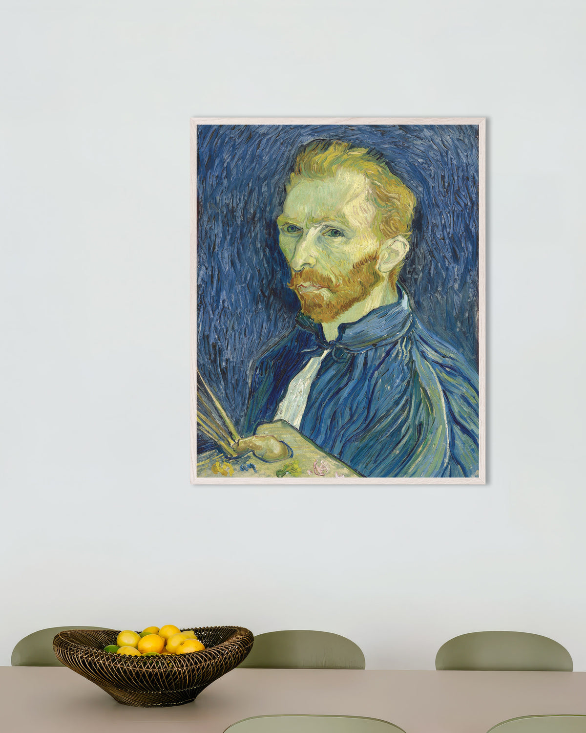 Poster di Autoritratto con tavolozza (1889) di Vincent van Gogh, con cornice in legno bianco