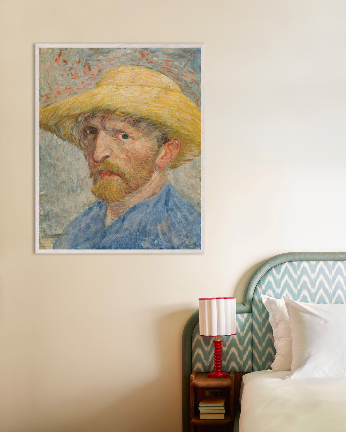 Poster de Autoportrait au chapeau de paille et à la blouse bleue (1887) de Vincent van Gogh, avec cadre en bois blanc