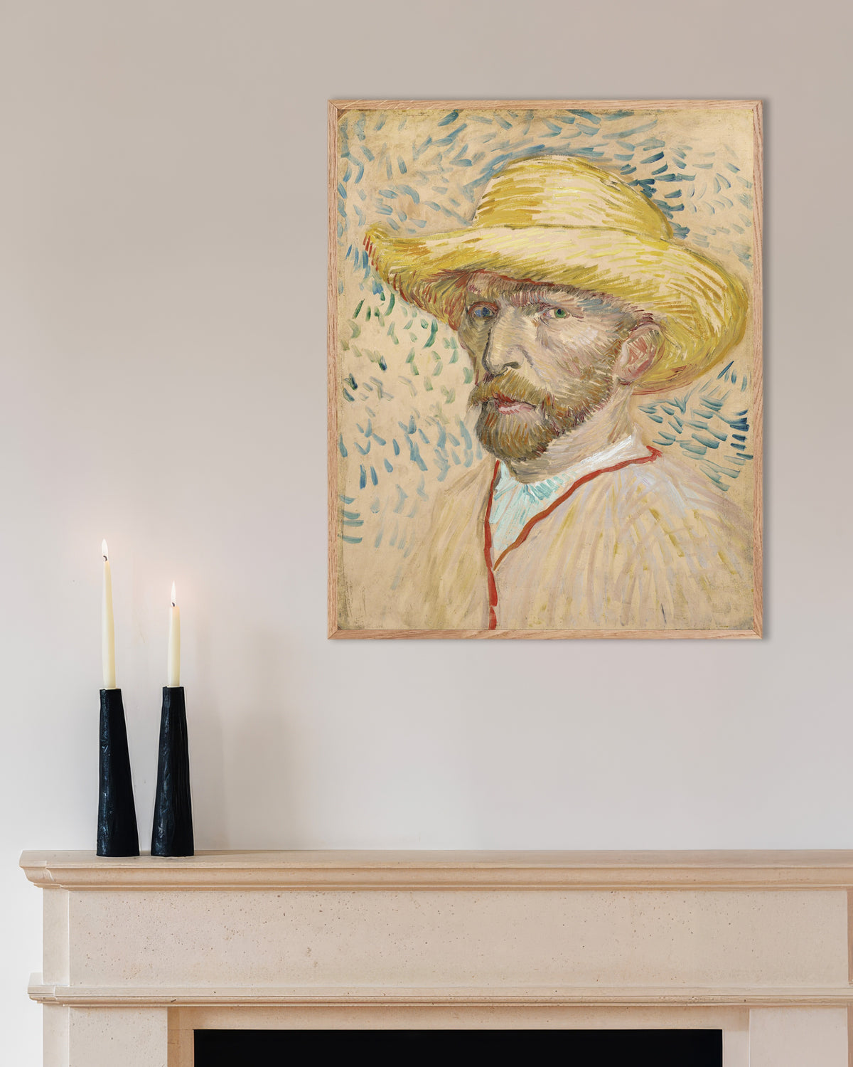 Poster di Autoritratto con cappello di paglia e camiciotto da pittore (1887) di Vincent van Gogh, con cornice in legno naturale