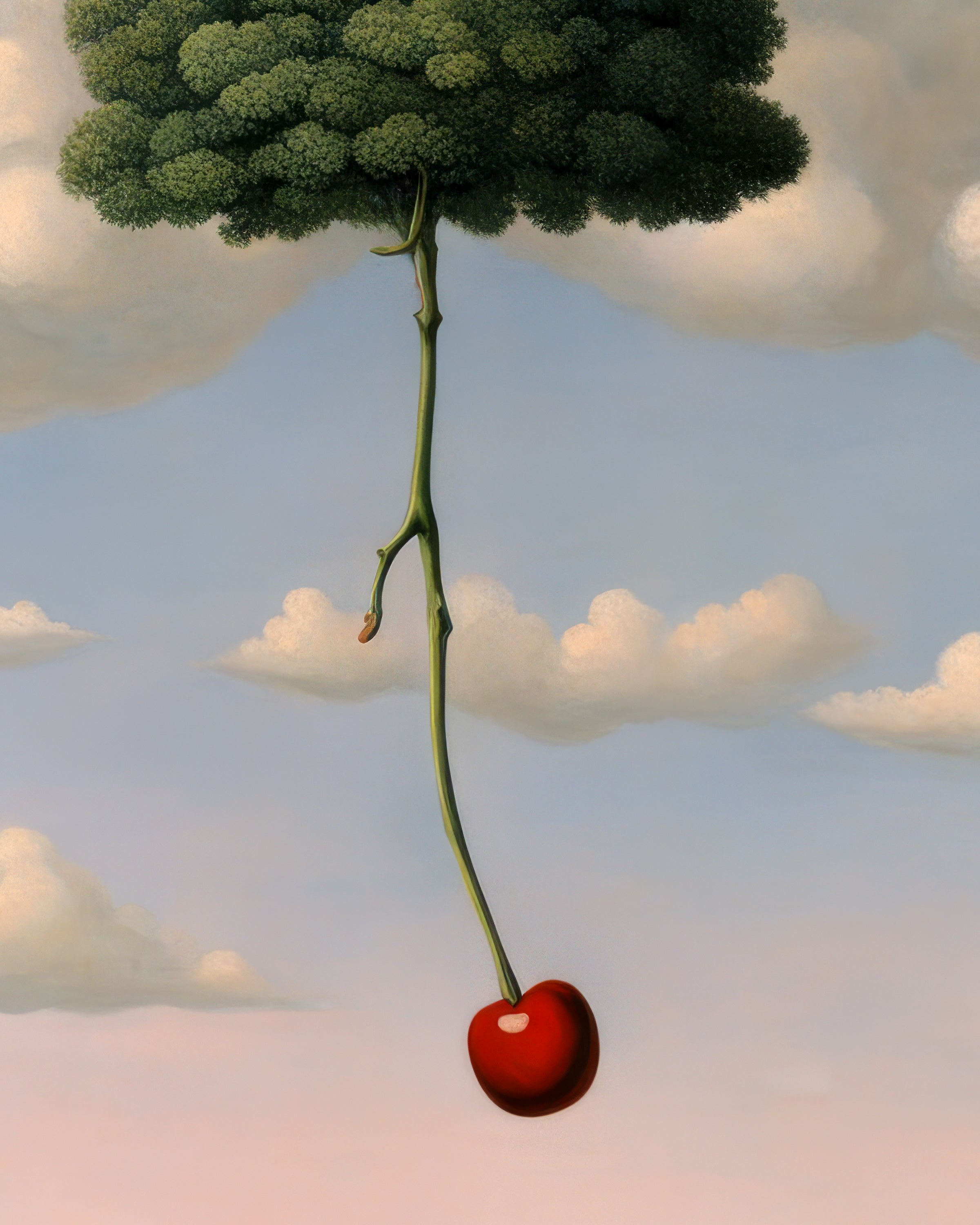 Red cherry with a branch against a cloudy sky