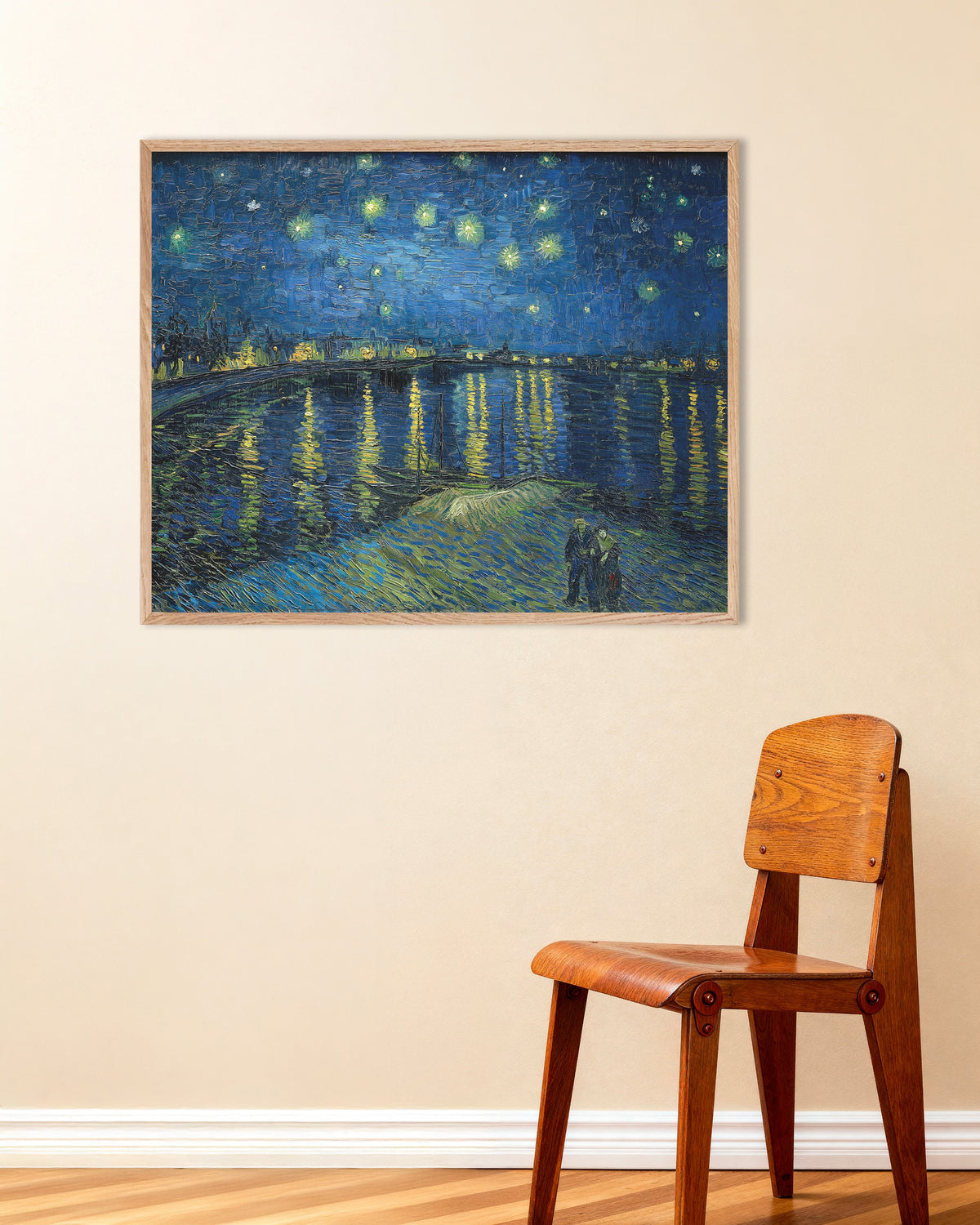 Poster de La Nuit étoilée sur le Rhône (1888) de Vincent van Gogh, avec un cadre en bois naturel