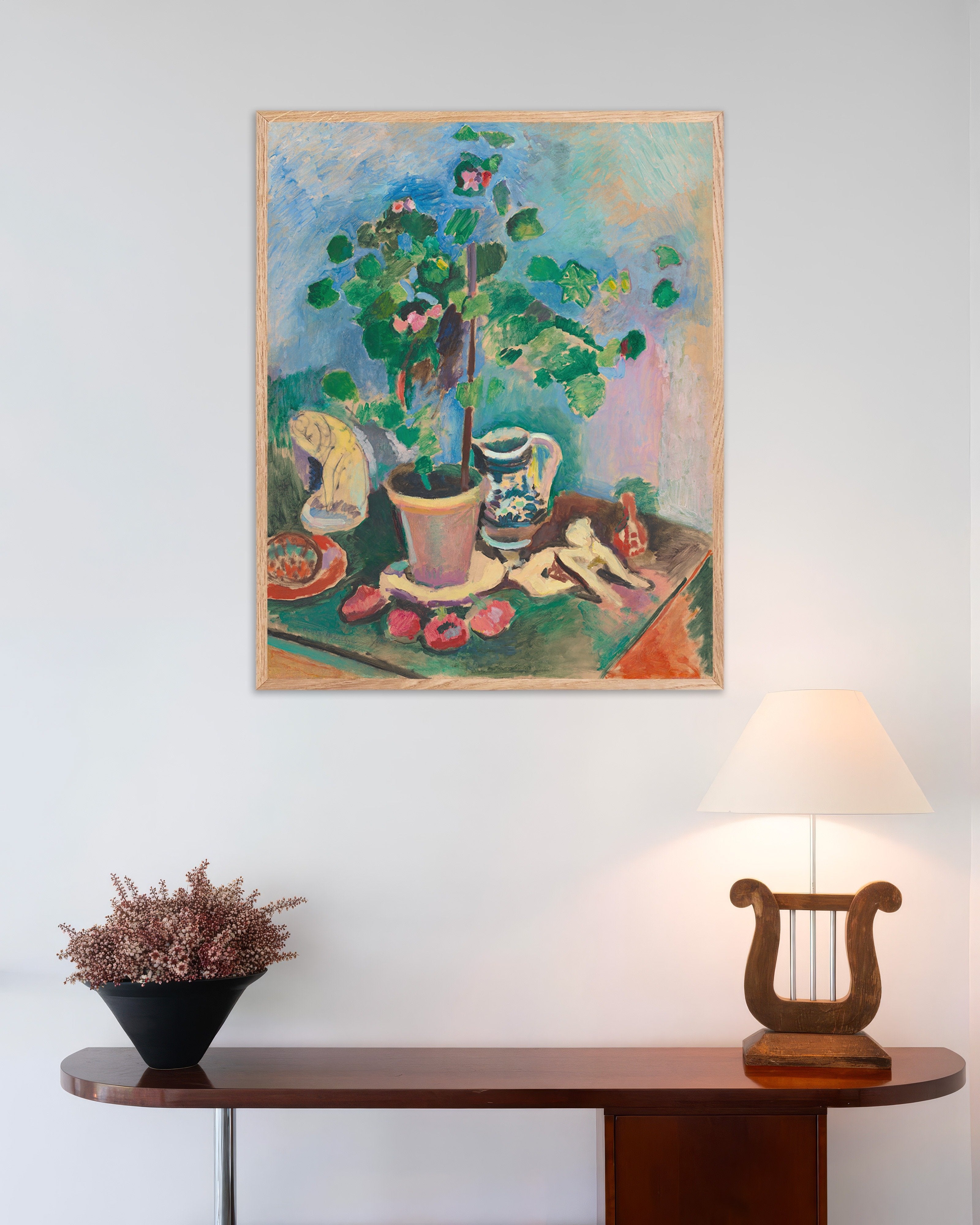 Poster of Still life with geranium (1906) by Henri Matisse, with natural wooden frame