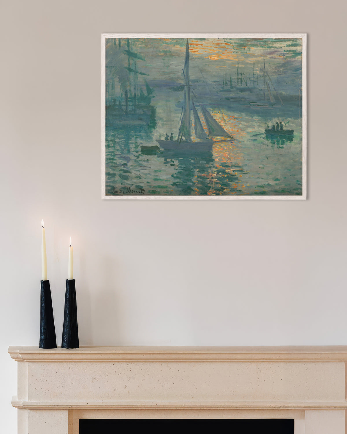 Poster Levar del sole, marina (1873) di Claude Monet con cornice in legno bianco