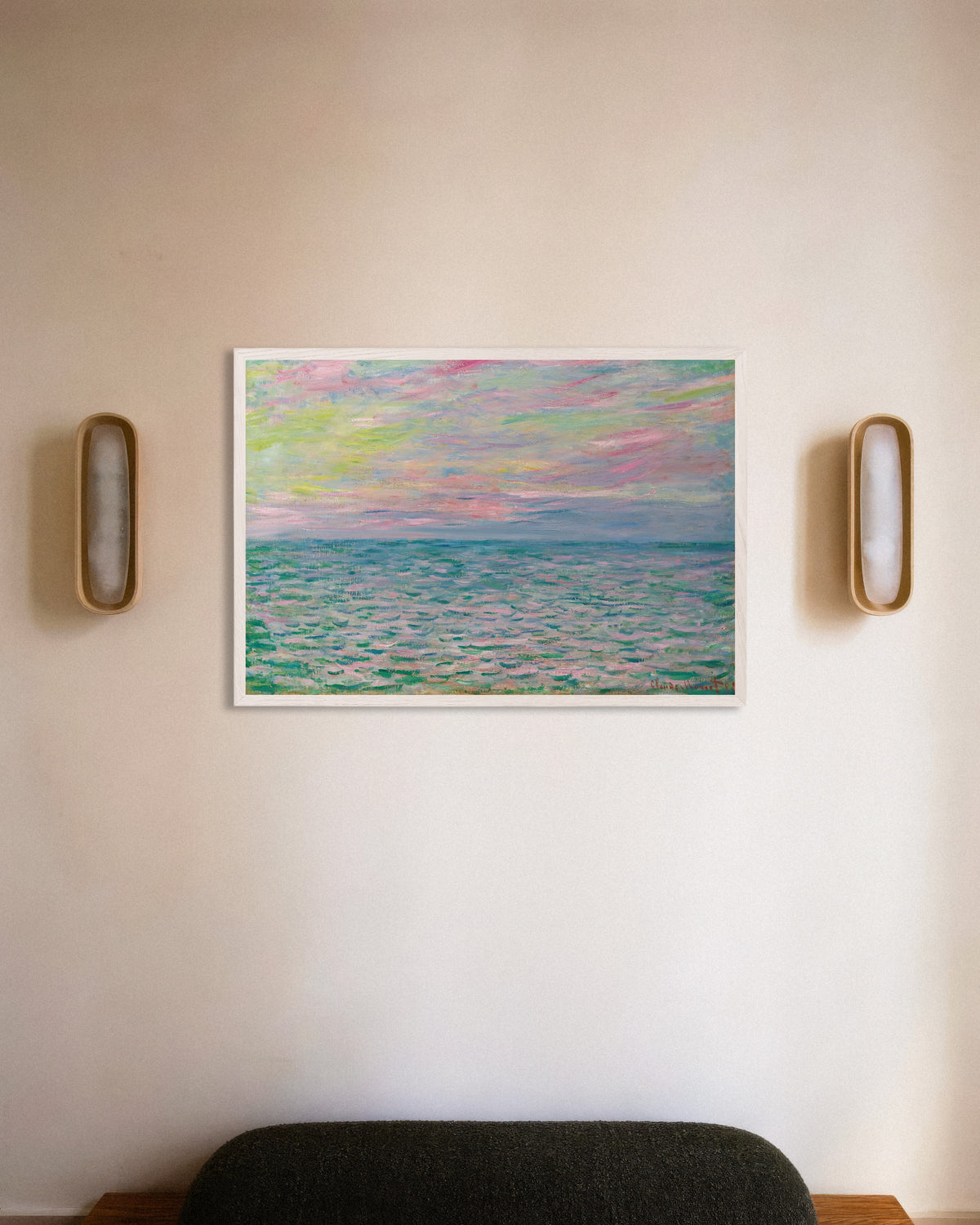 Poster Tramonto a Pourville, mare aperto (1882) di Claude Monet con cornice in legno bianco
