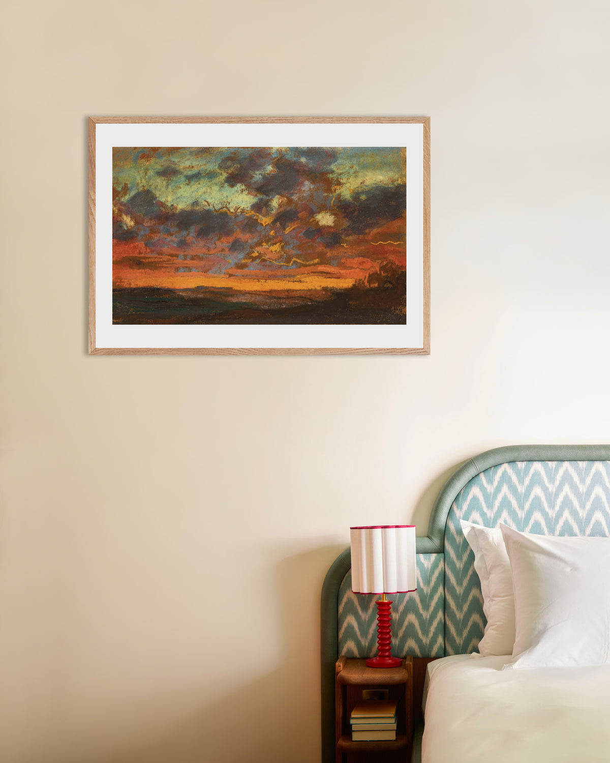Affiche Coucher de soleil (vers 1868) de Claude Monet, avec un cadre en bois naturel