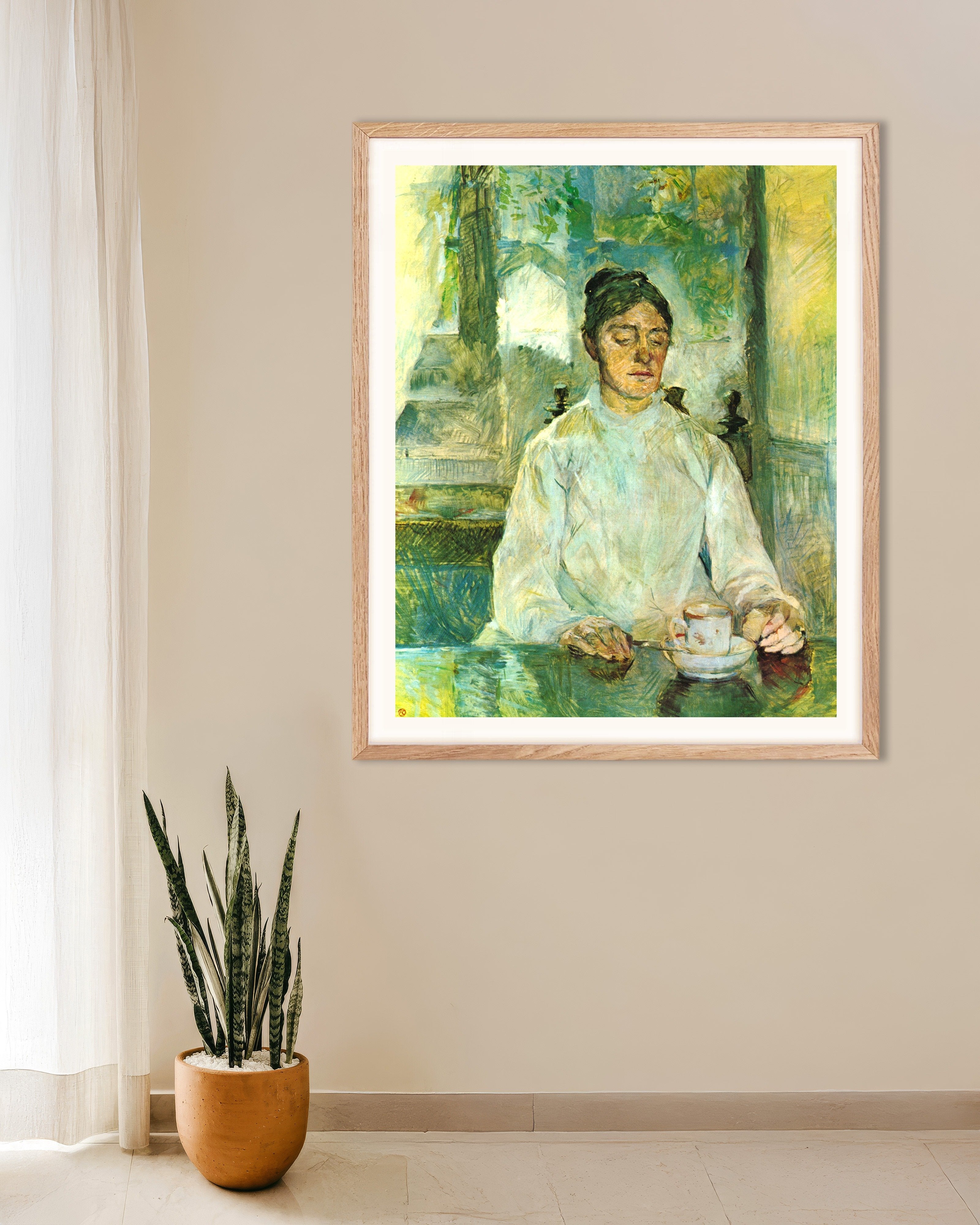 Poster of The artist's mother at breakfast by Henri de Toulouse-Lautrec, 1881 - Poster, with natural wooden frame