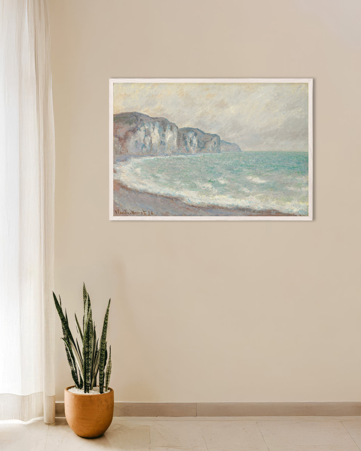 Poster La scogliera di Pourville (1896) di Claude Monet con cornice in legno bianco
