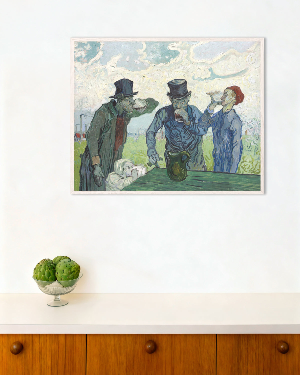 Poster di I bevitori, da Daumier (1890) di Vincent van Gogh, con cornice in legno bianco