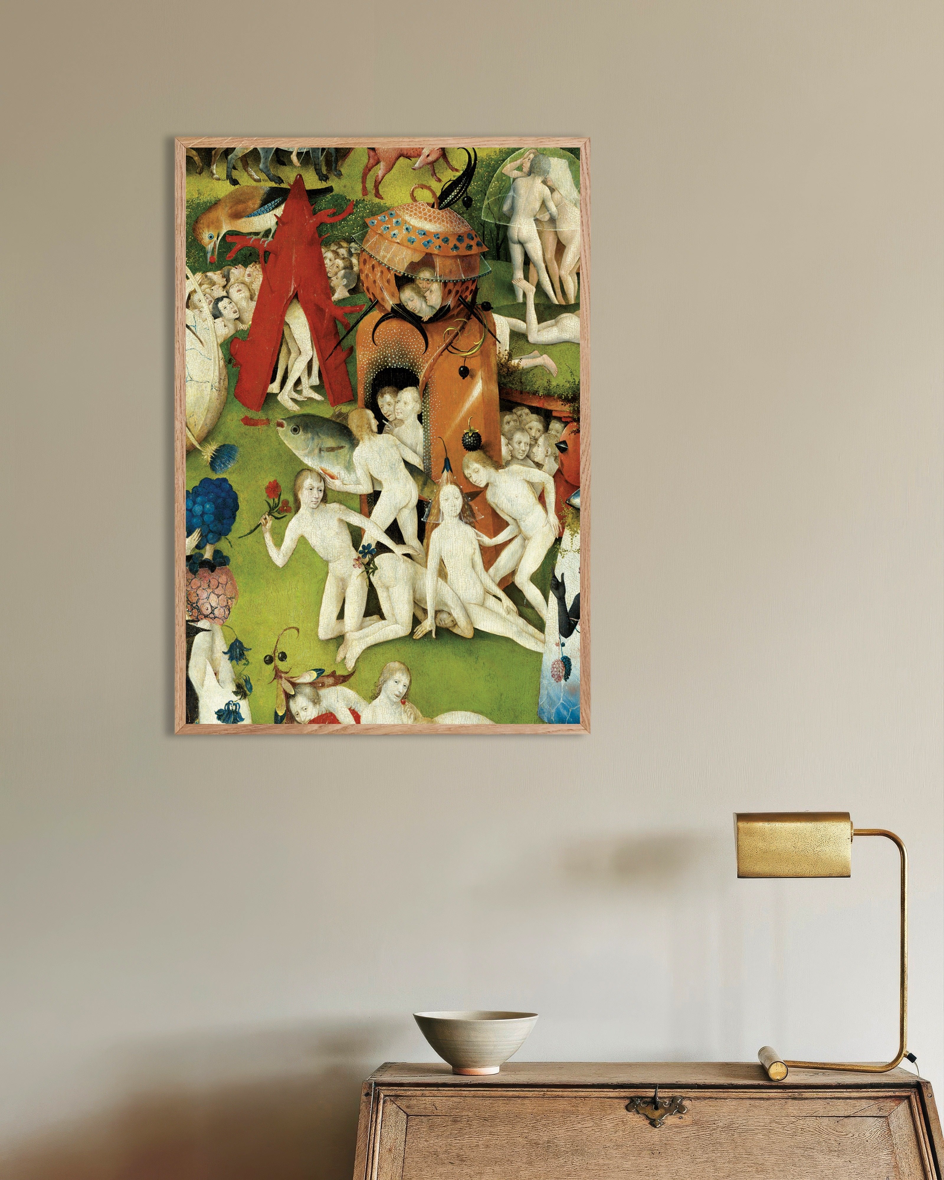 Poster of The giant fish and the orange tower - Detail from The Garden of Earthly Delights, with natural wooden frame