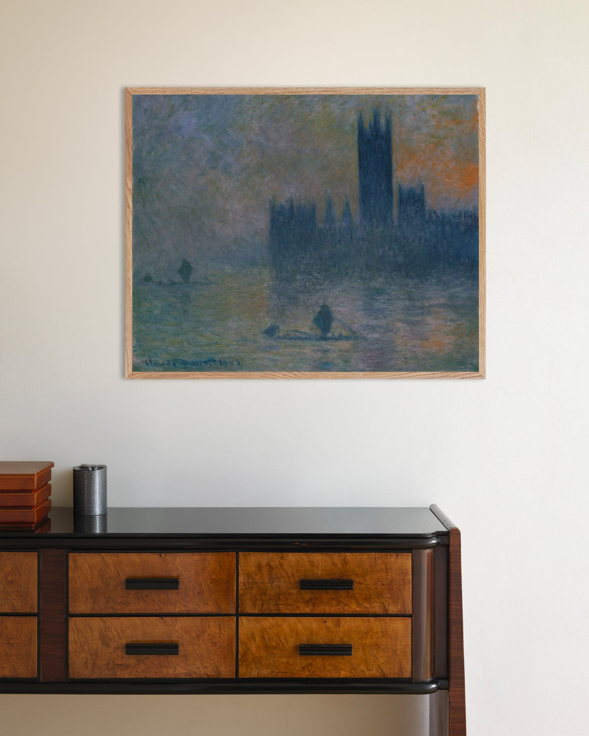 Affiche Le Parlement, effet de brouillard (1903–1904) de Claude Monet, avec un cadre en bois naturel