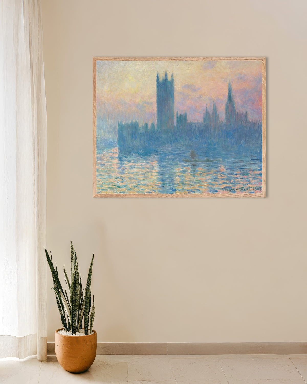 Poster Il Parlamento, tramonto (1903) di Claude Monet con cornice in legno naturale